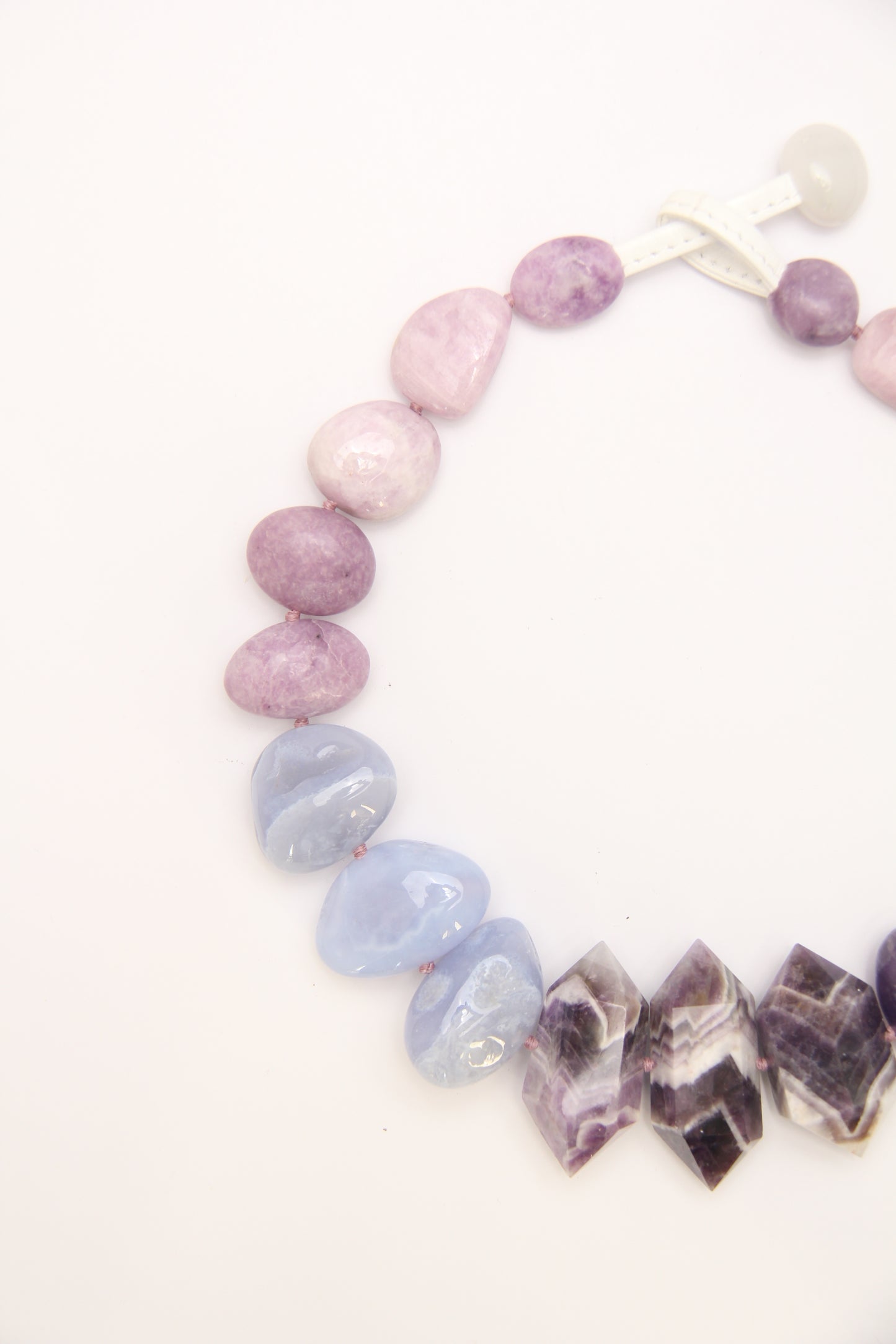 Necklace: dream amethyst, blue lace agate, kunzite, lepidolite