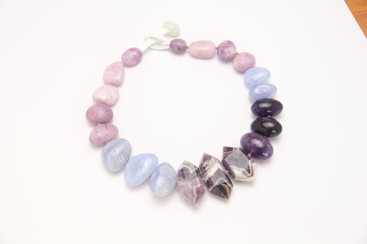 Necklace: dream amethyst, blue lace agate, kunzite, lepidolite