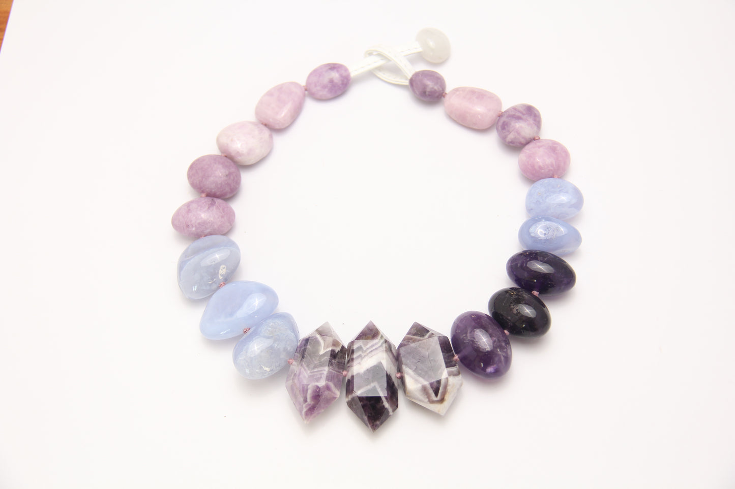 Necklace: dream amethyst, blue lace agate, kunzite, lepidolite