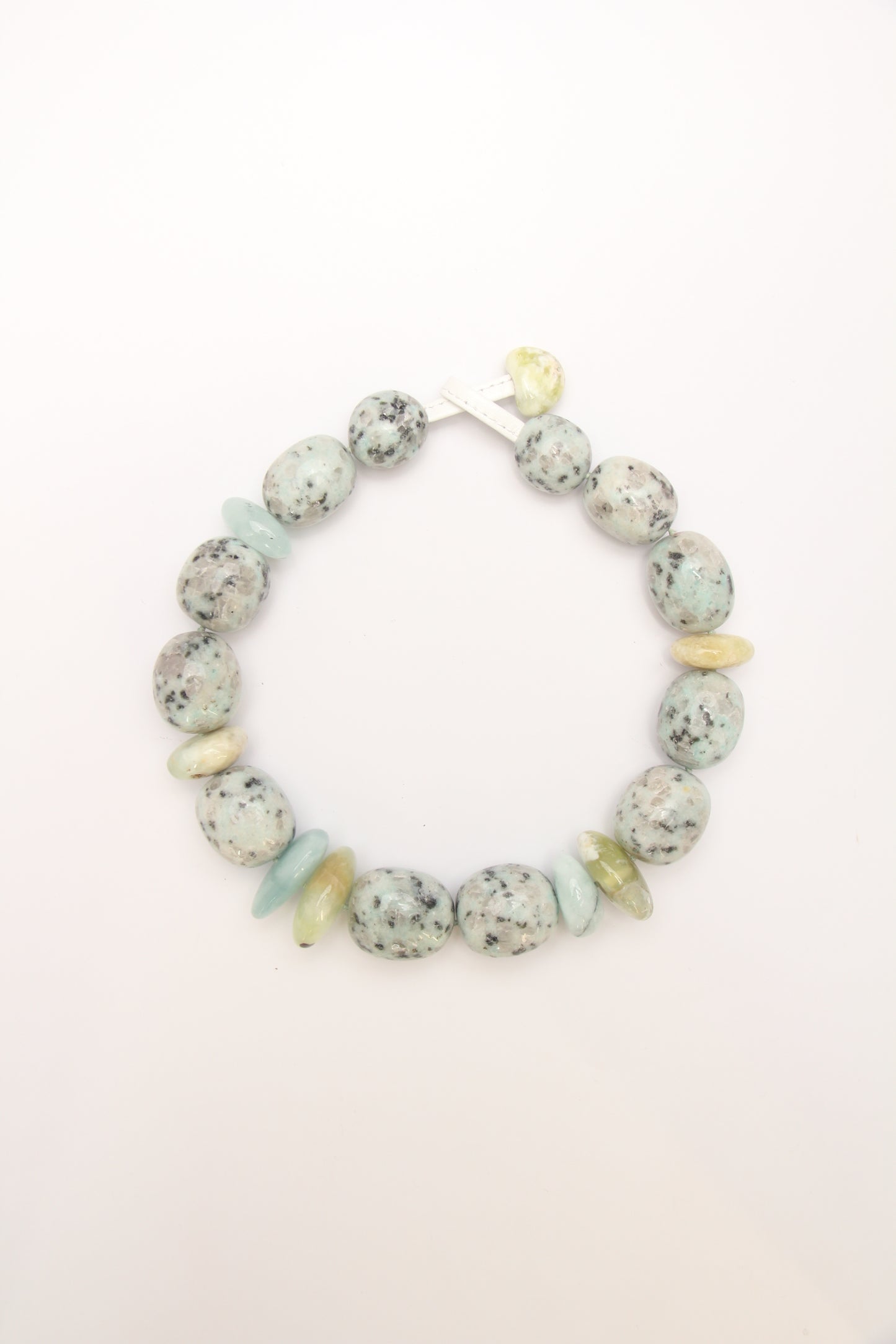 Necklace: kiwi jasper stone, aquamarine, prehnite