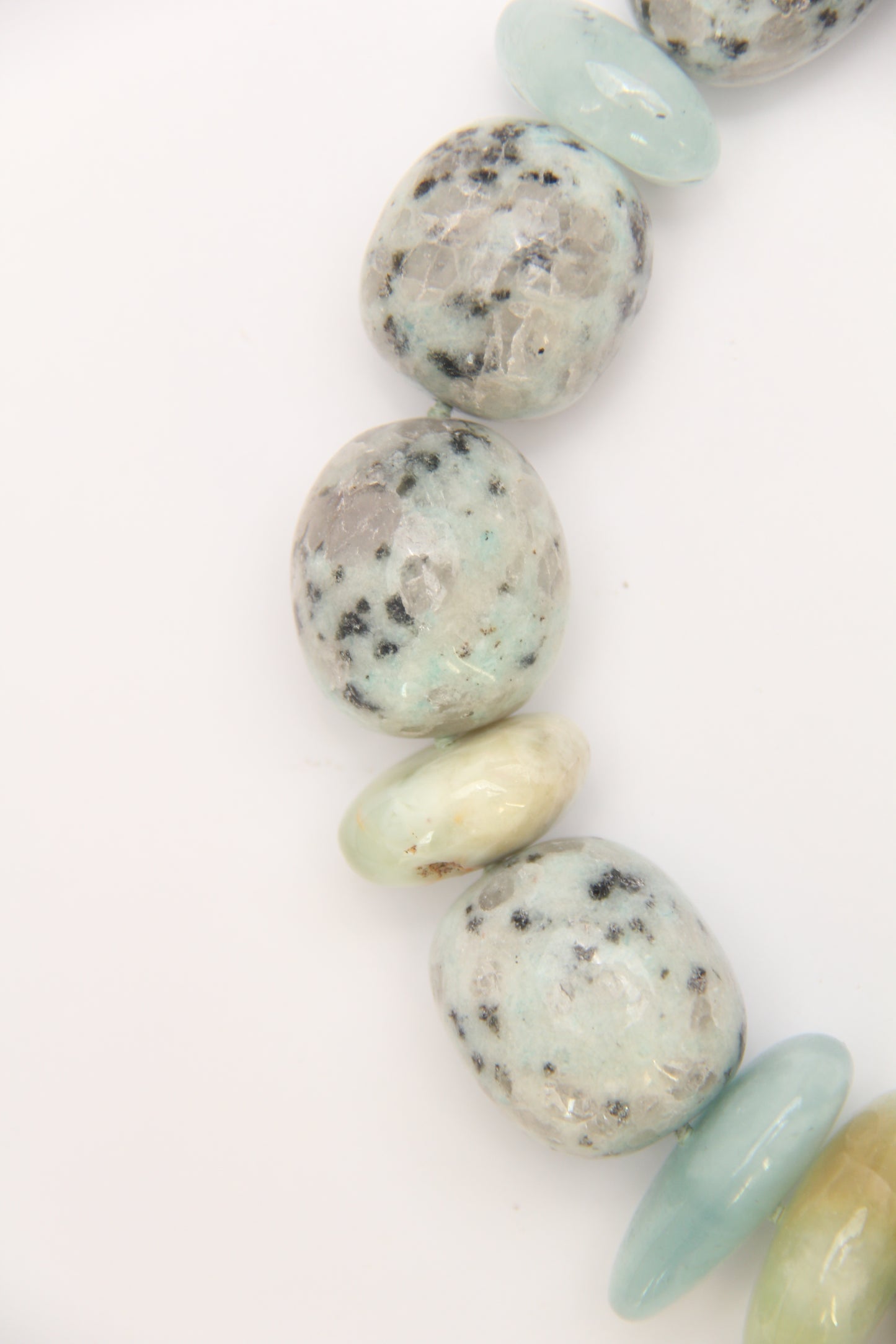 Necklace: kiwi jasper stone, aquamarine, prehnite