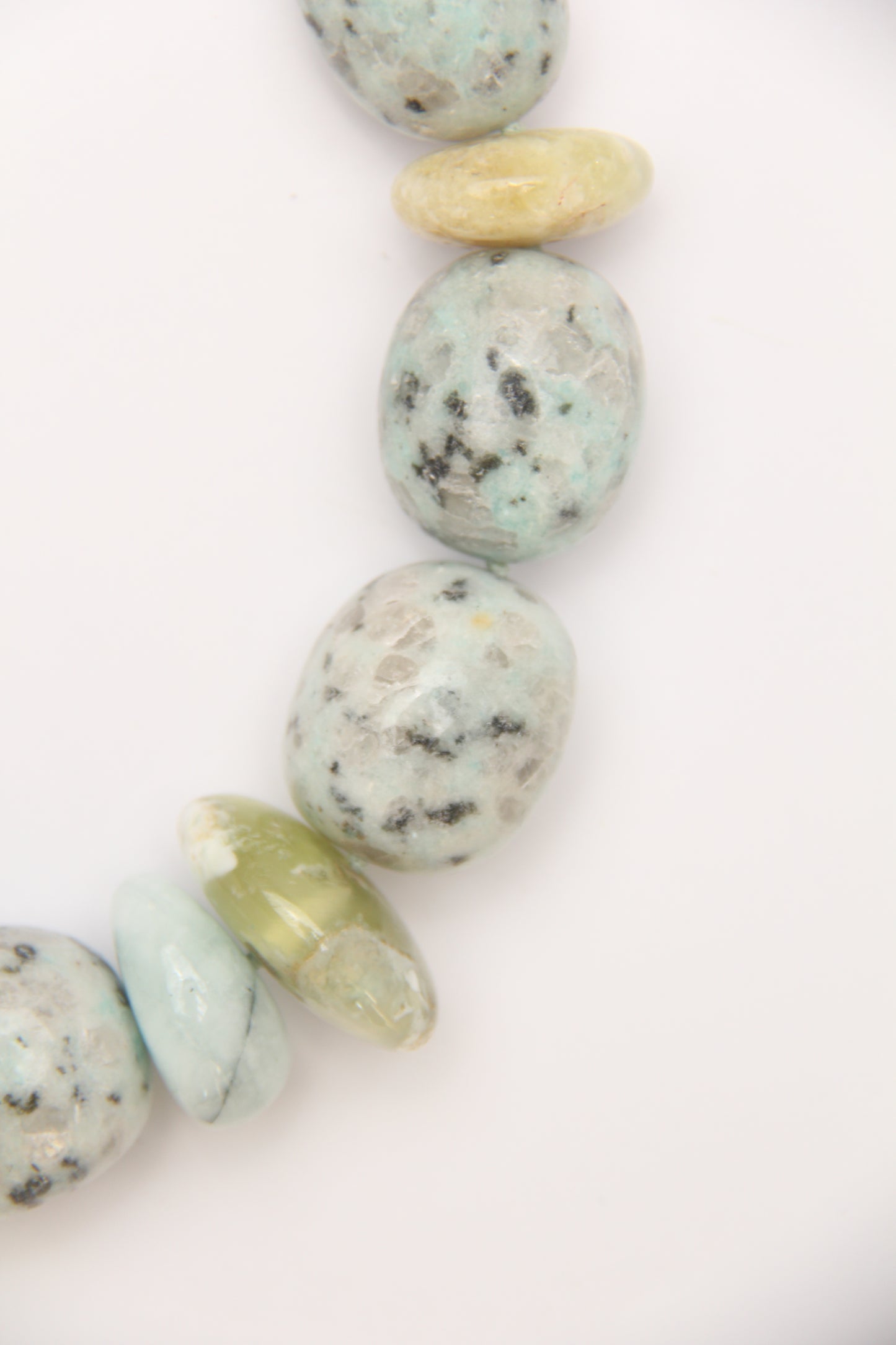 Necklace: kiwi jasper stone, aquamarine, prehnite