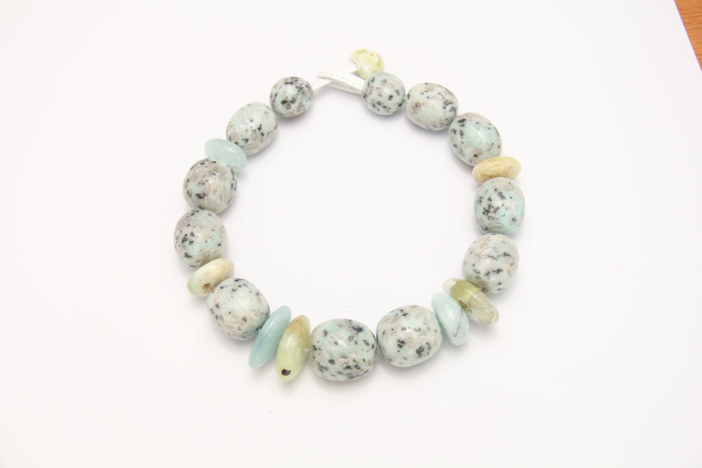 Necklace: kiwi jasper stone, aquamarine, prehnite