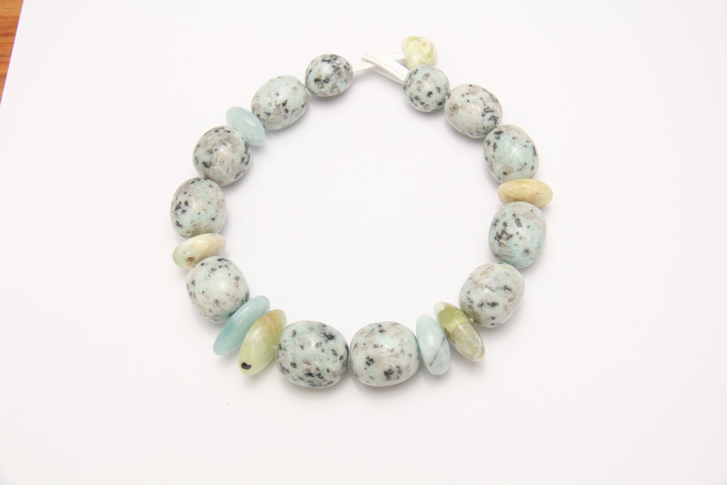 Necklace: kiwi jasper stone, aquamarine, prehnite