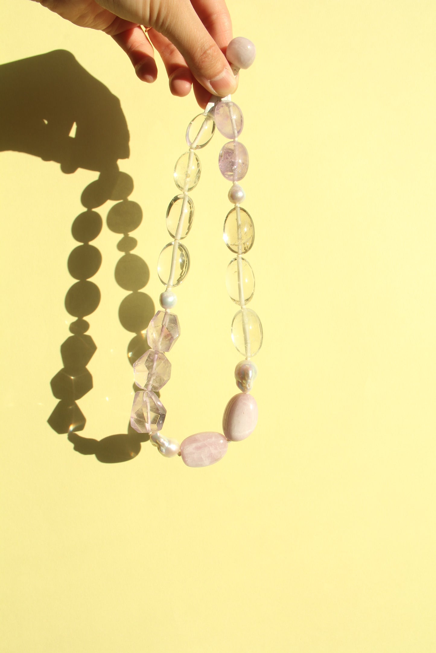 Necklace: amethyst, citrine, kunzite, pearls