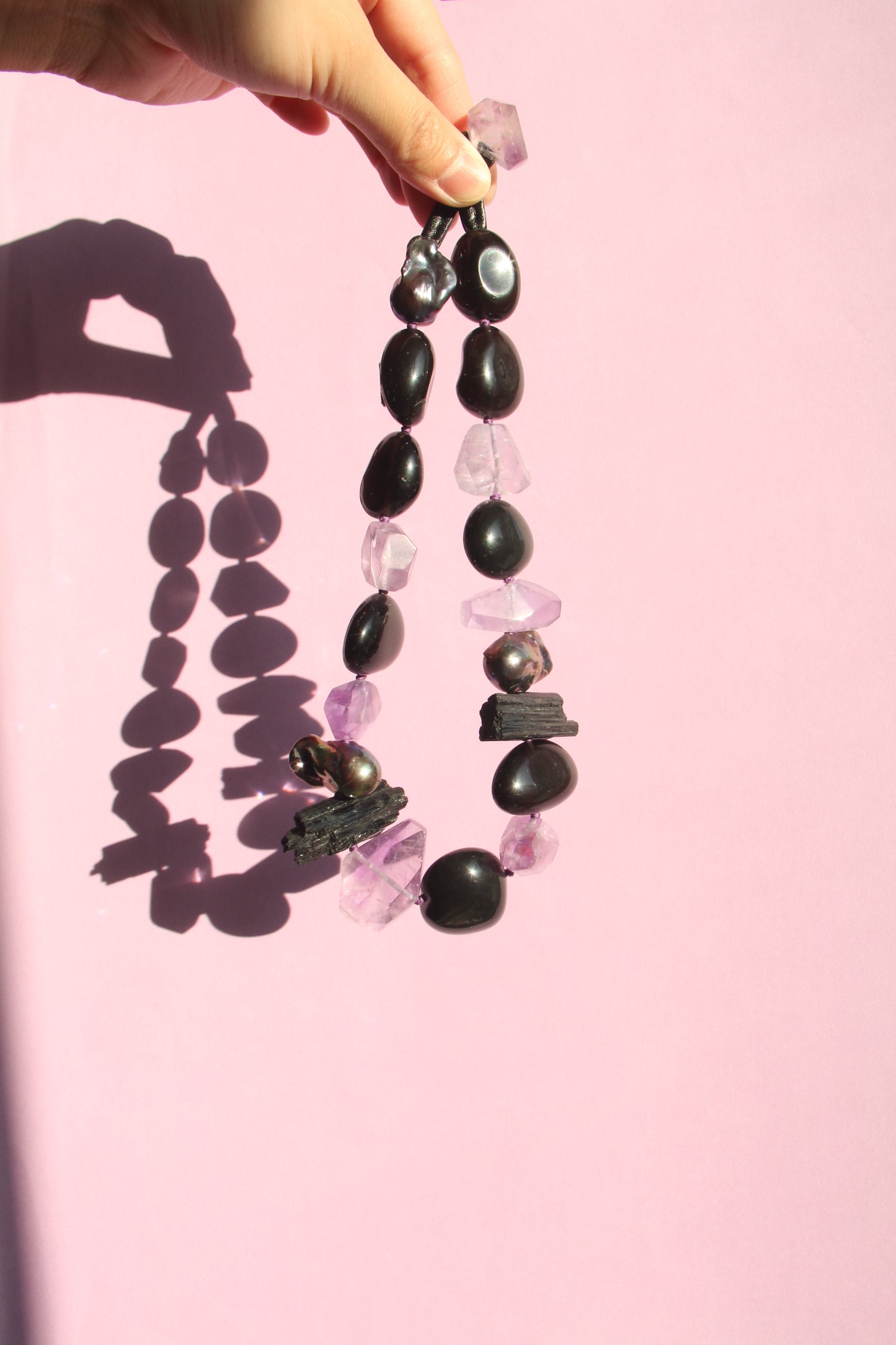 Necklace: black tourmaline, amethyst, obsidian, pearls