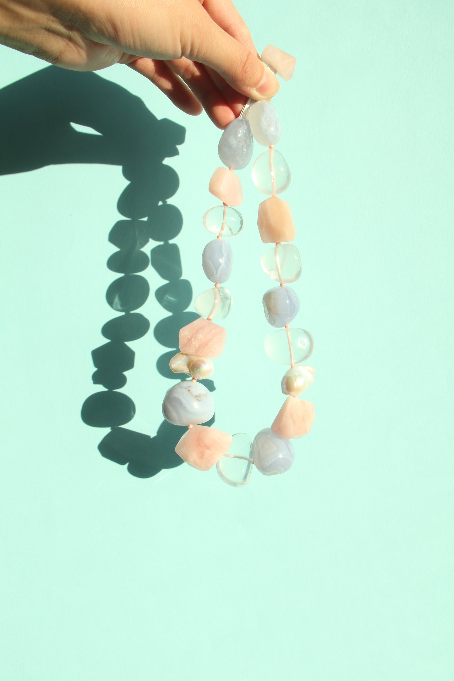 Necklace: blue lace agate, morganite, pearls, quartz