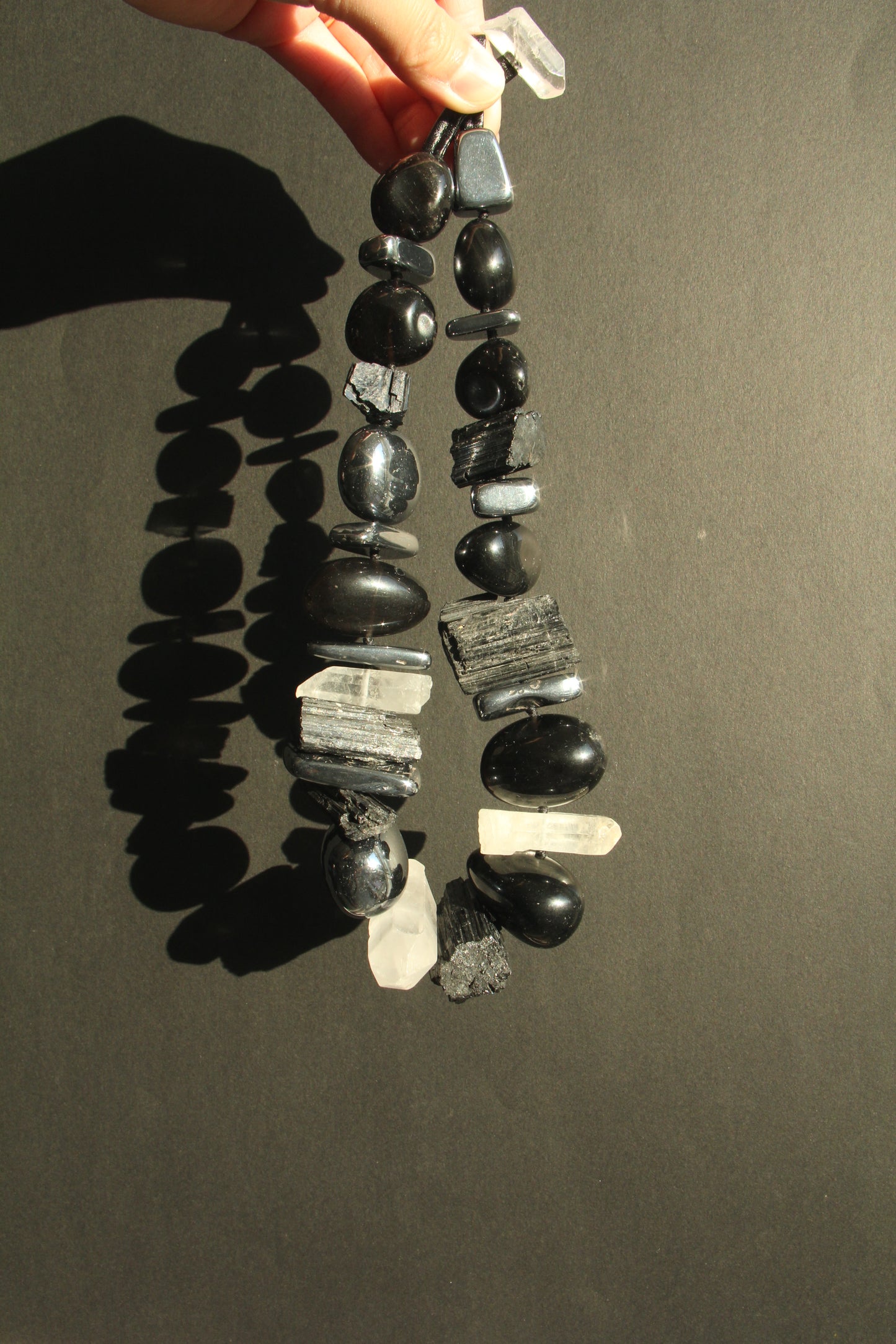 Necklace: black tourmaline, obsidian, titanium magnet, quartz