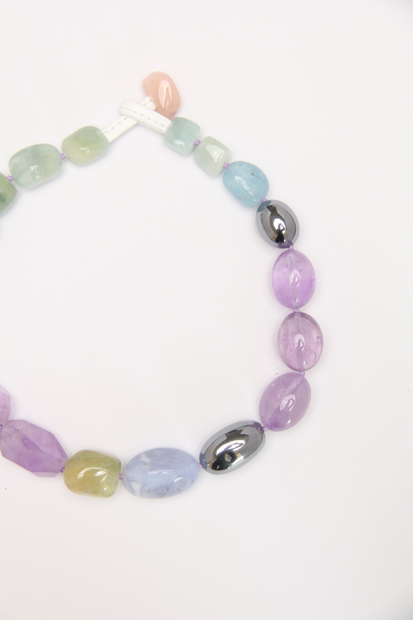 Necklace: amethyst, blue lace agate, titanium magnet, morganite