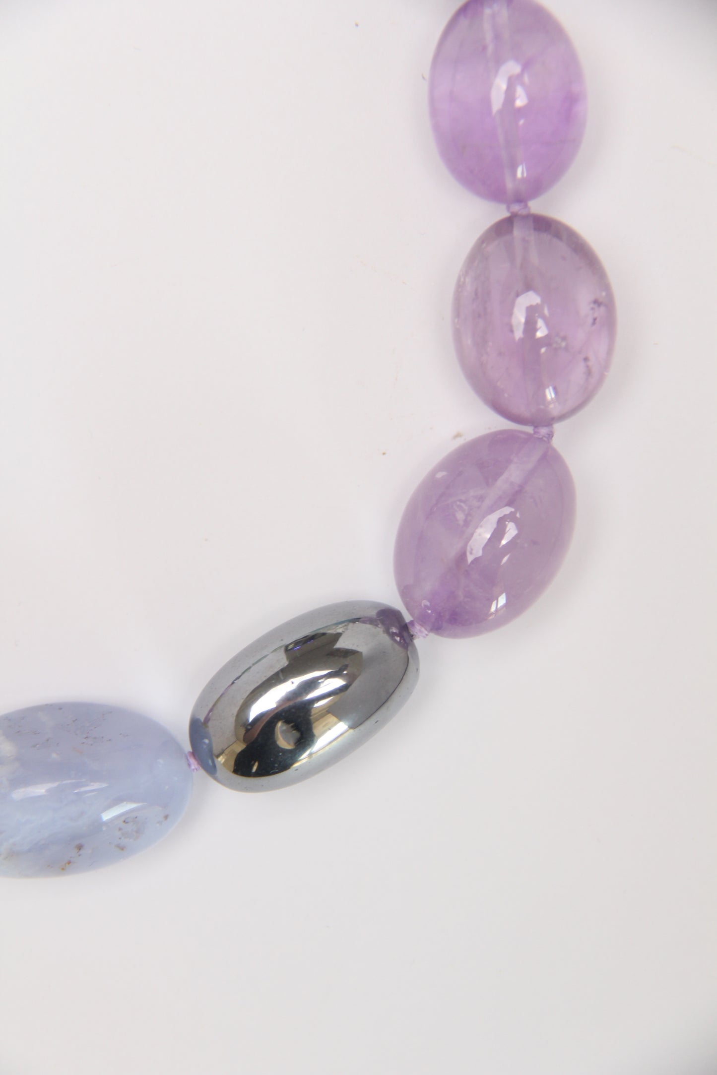 Necklace: amethyst, blue lace agate, titanium magnet, morganite