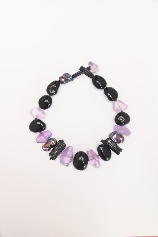 Necklace: black tourmaline, amethyst, obsidian, pearls