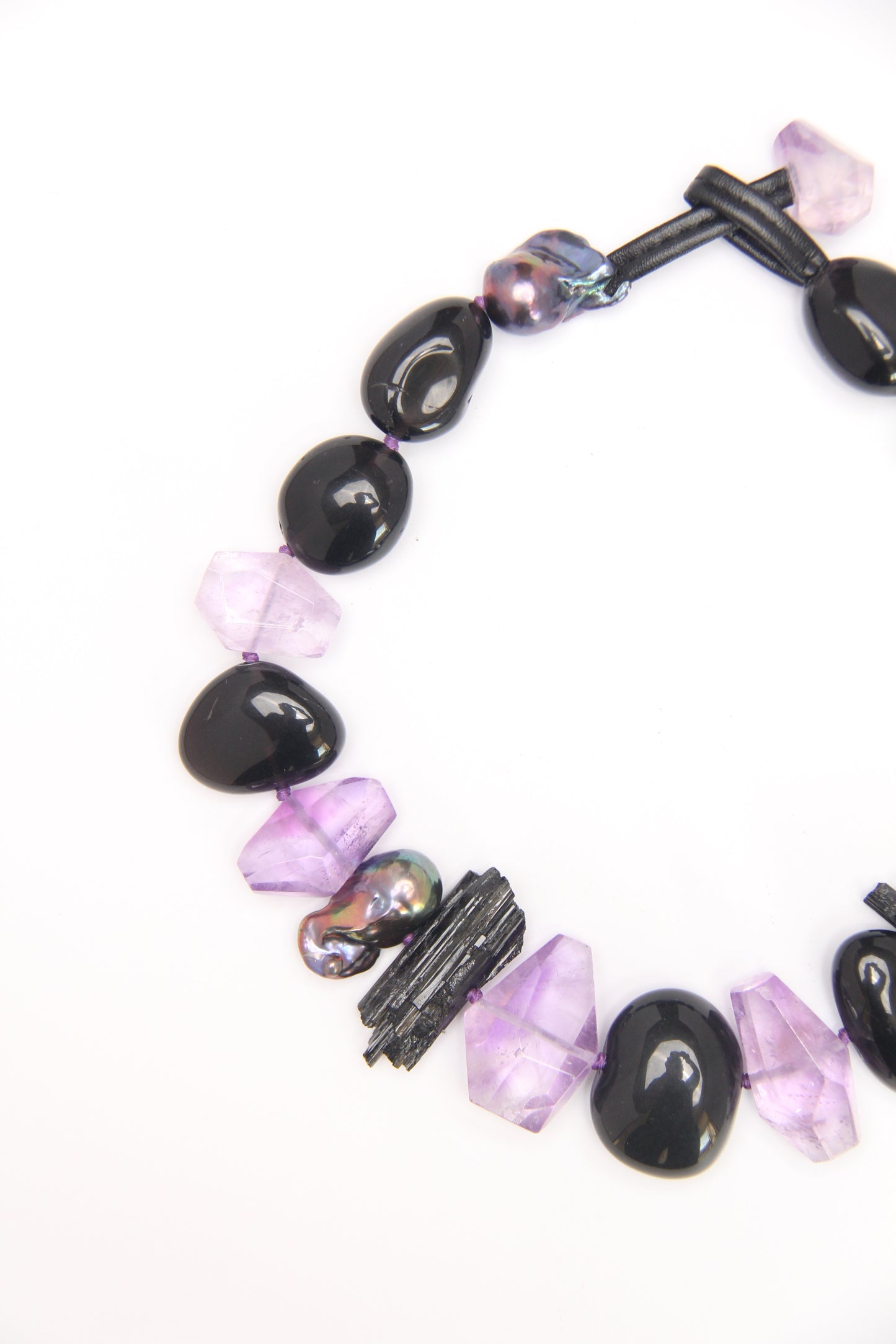 Necklace: black tourmaline, amethyst, obsidian, pearls