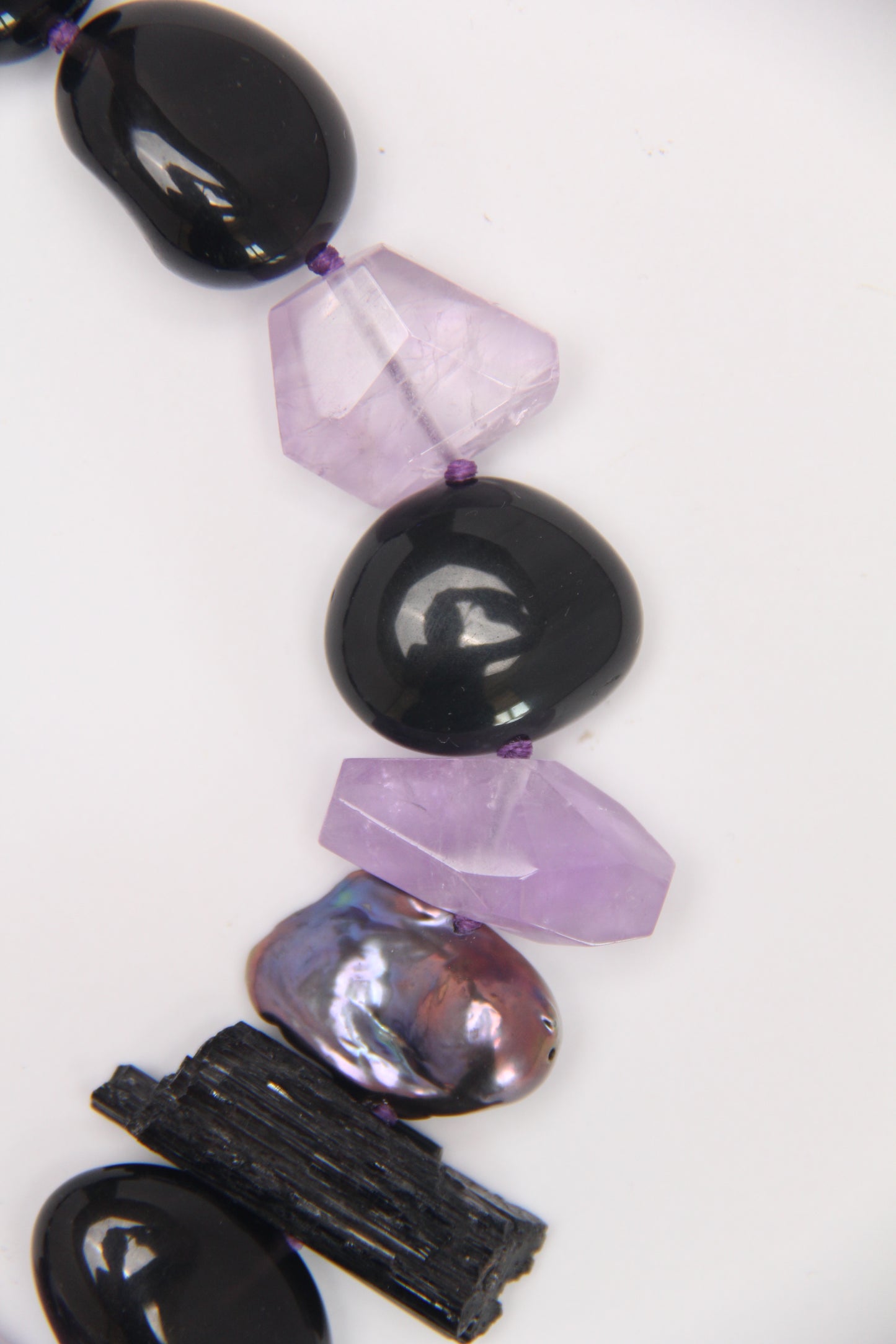 Necklace: black tourmaline, amethyst, obsidian, pearls