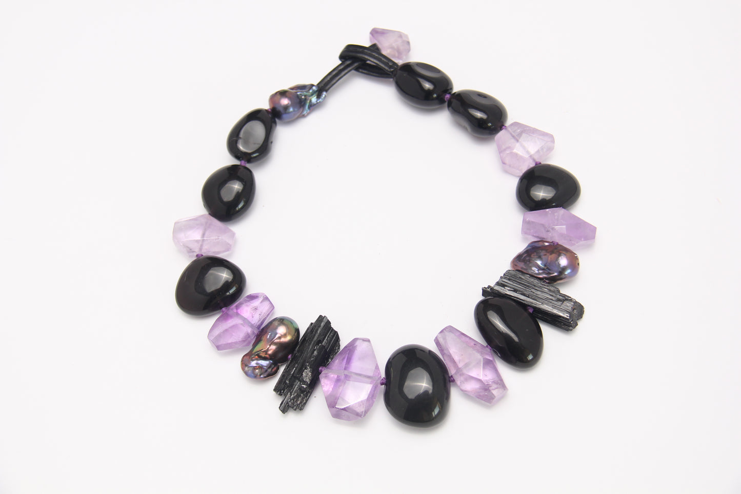 Necklace: black tourmaline, amethyst, obsidian, pearls