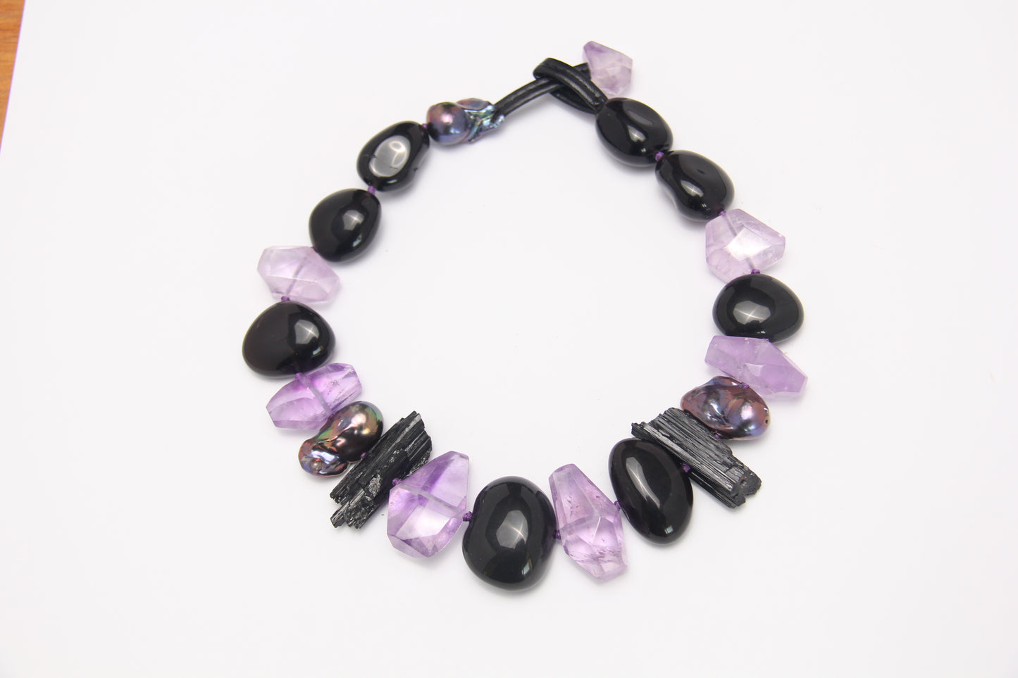 Necklace: black tourmaline, amethyst, obsidian, pearls