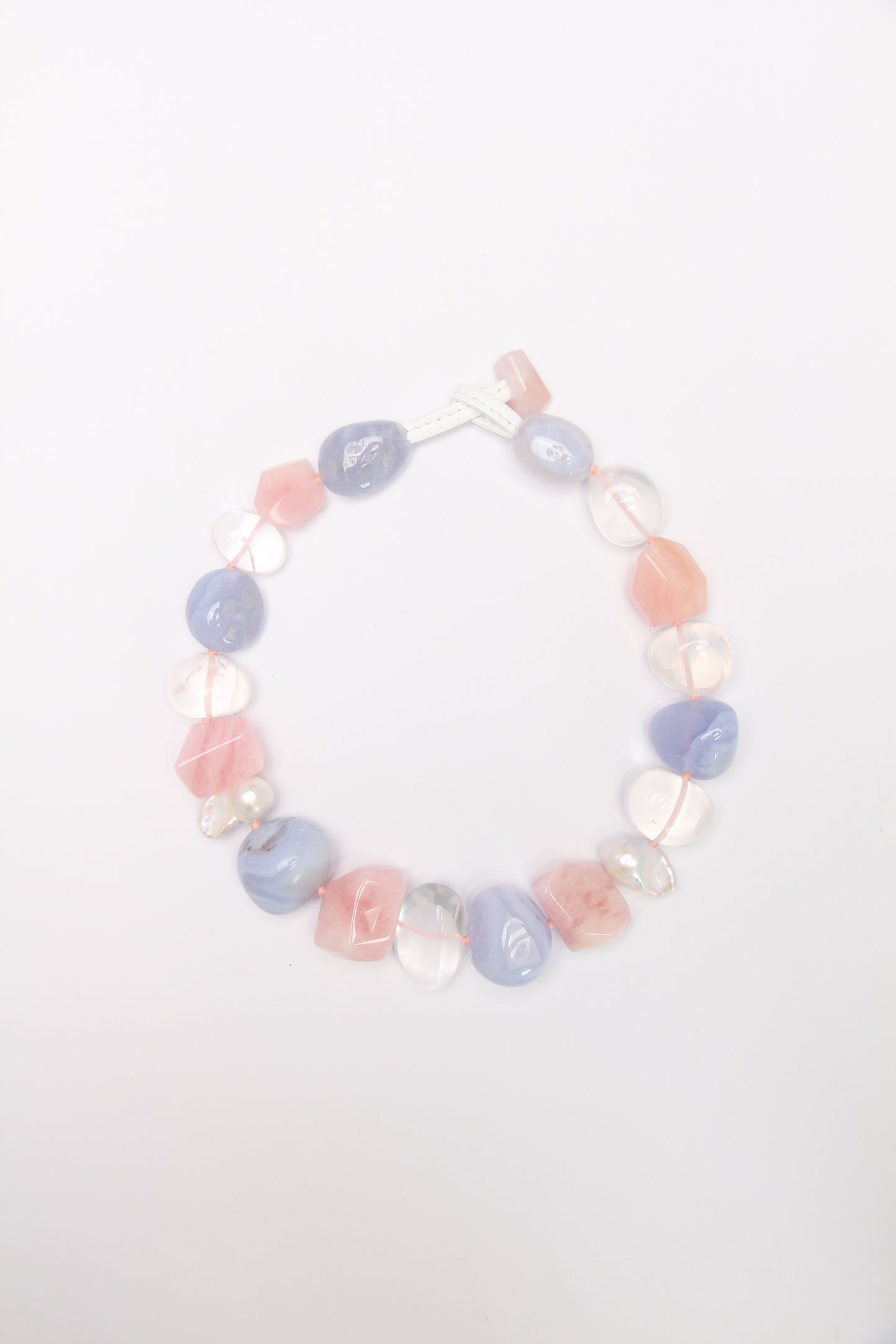 Necklace: blue lace agate, morganite, pearls, quartz