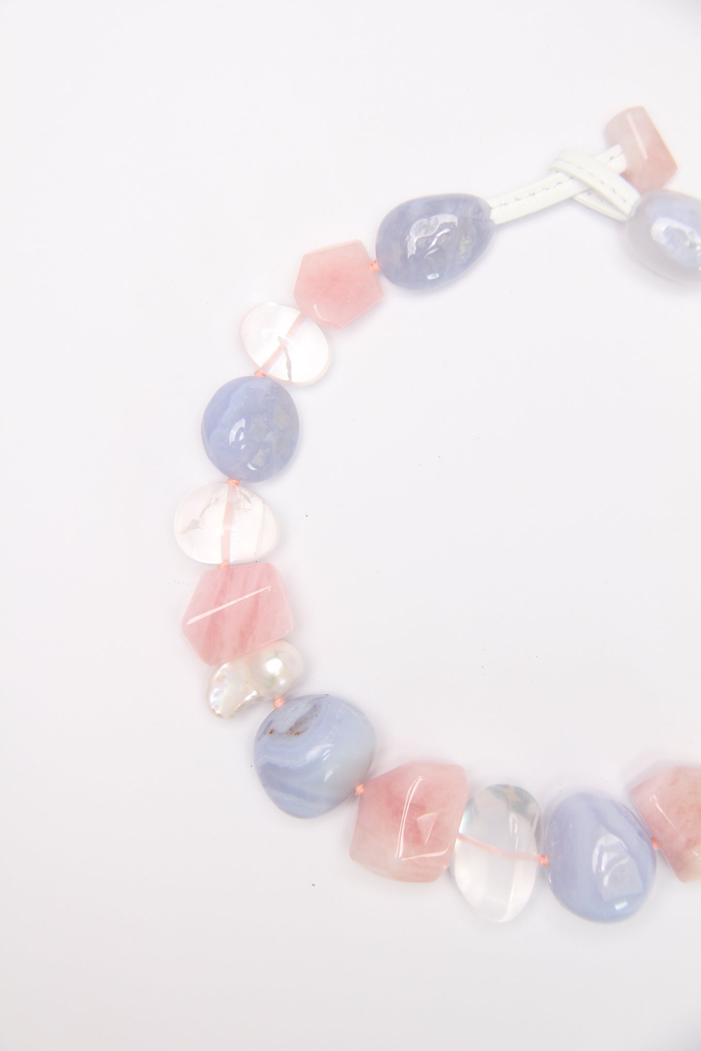 Necklace: blue lace agate, morganite, pearls, quartz