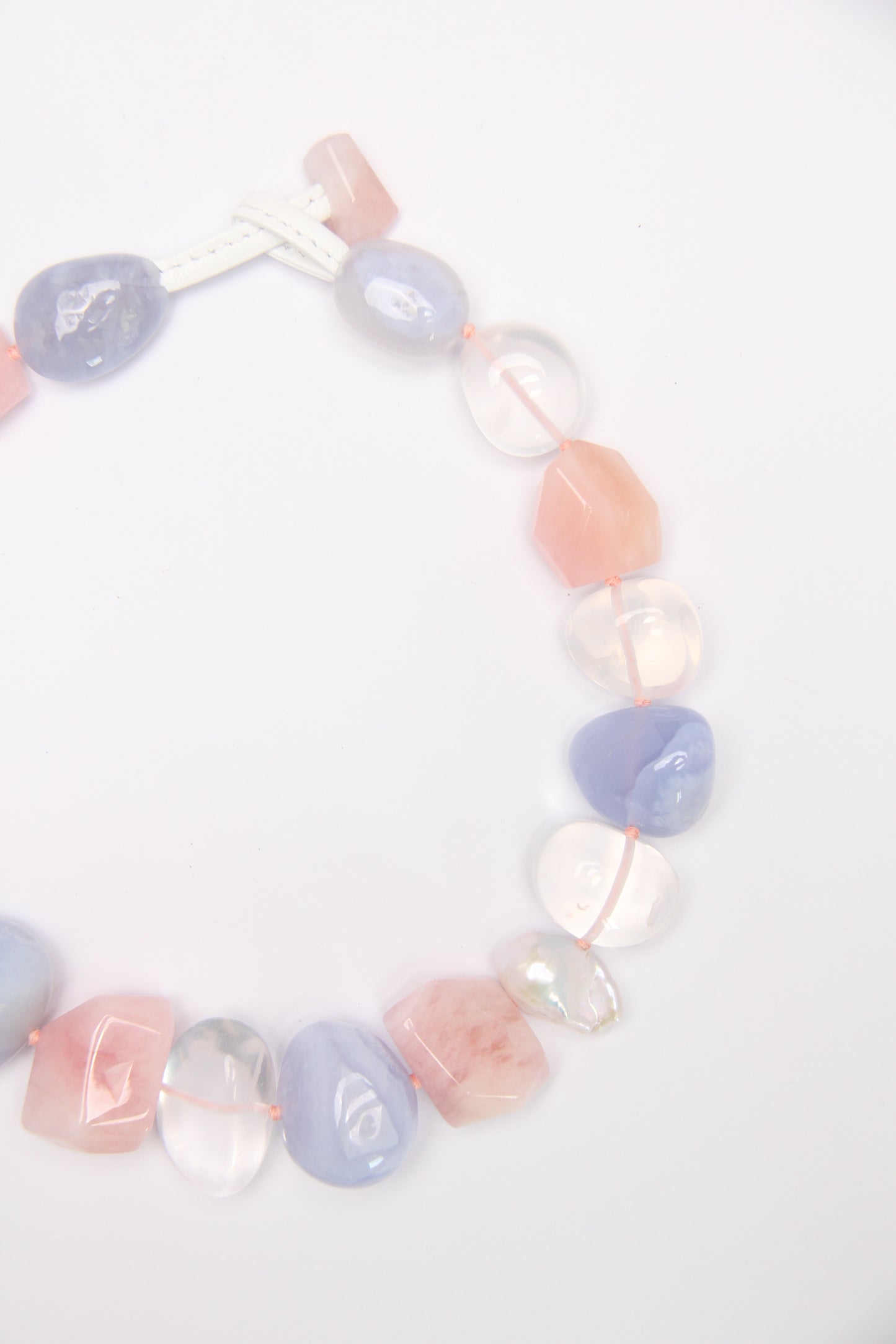 Necklace: blue lace agate, morganite, pearls, quartz