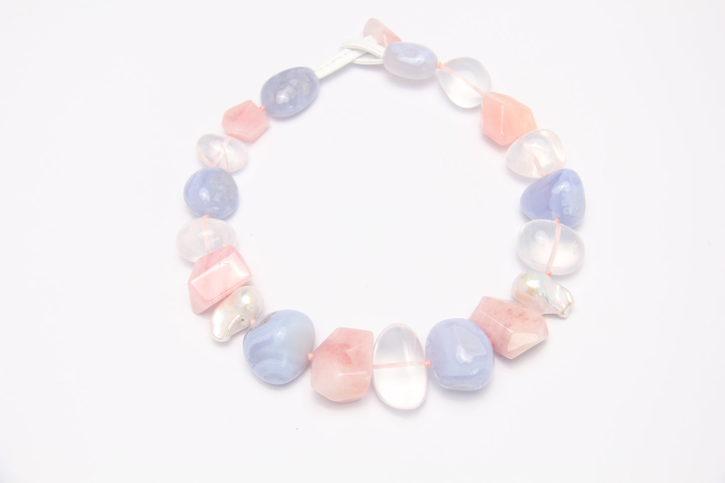 Necklace: blue lace agate, morganite, pearls, quartz