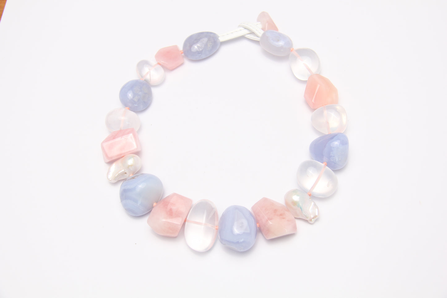 Necklace: blue lace agate, morganite, pearls, quartz