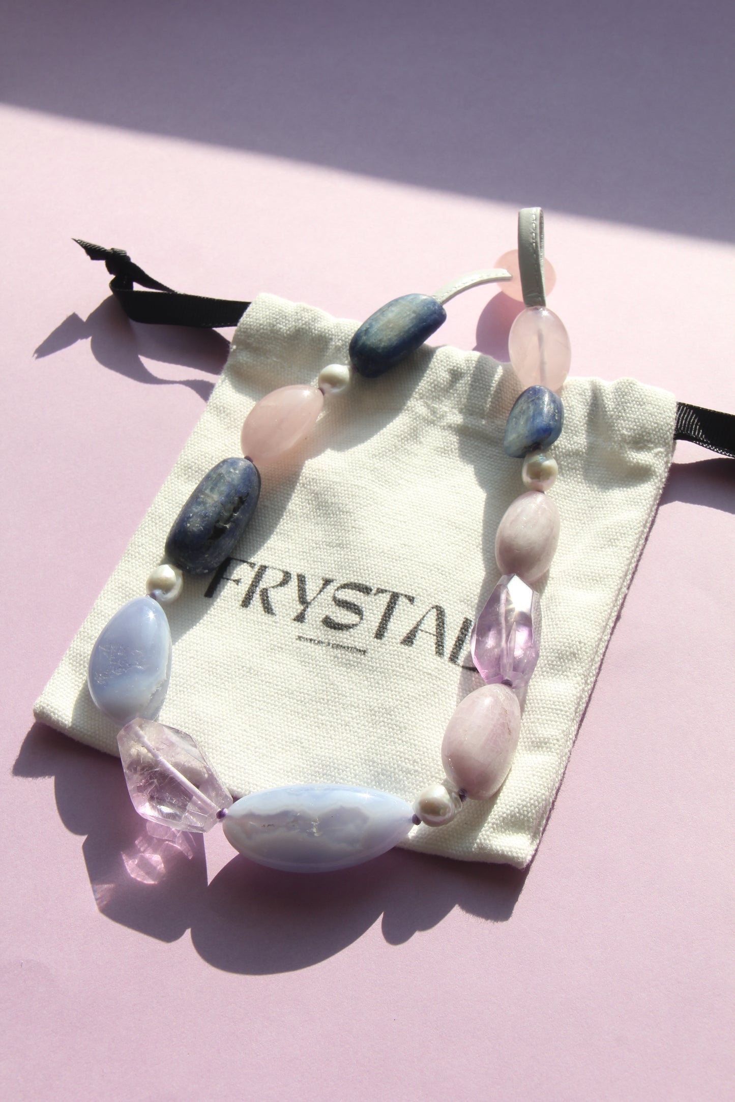 Necklace: blue lace agate, amethyst, kunzite, kyanite, pearls