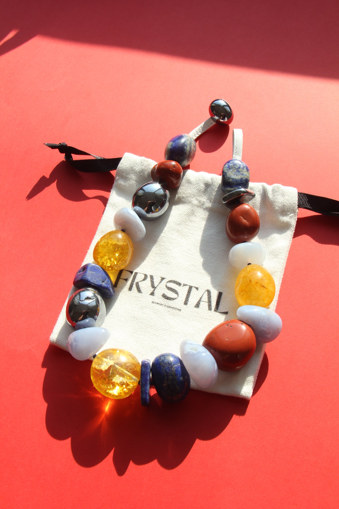 Necklace: blue lace agate, lapis lazuli, red jasper stone, colored hematoid quartz, titanium magnet