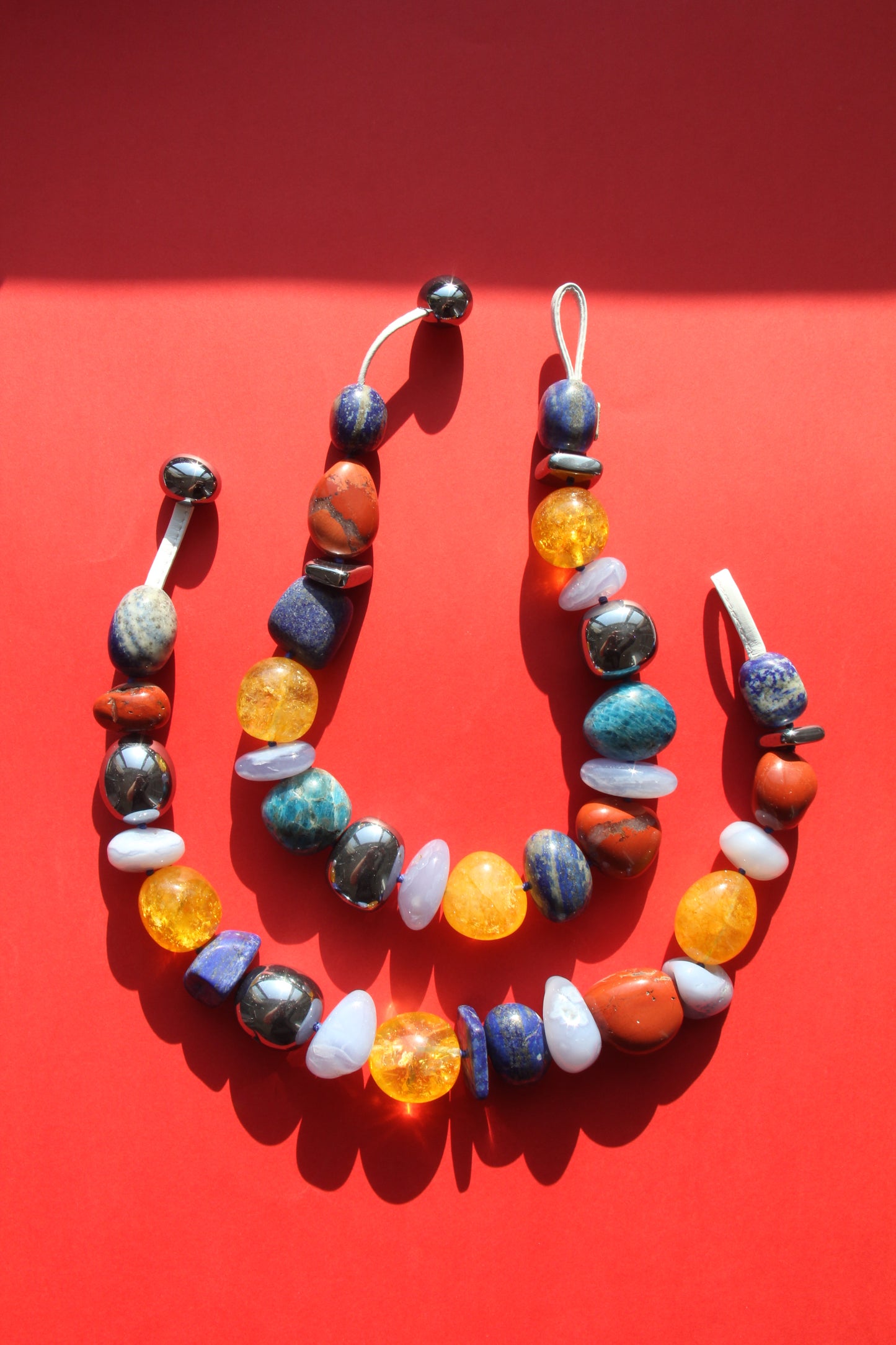 Necklace: blue lace agate, lapis lazuli, red jasper stone, colored hematoid quartz, titanium magnet