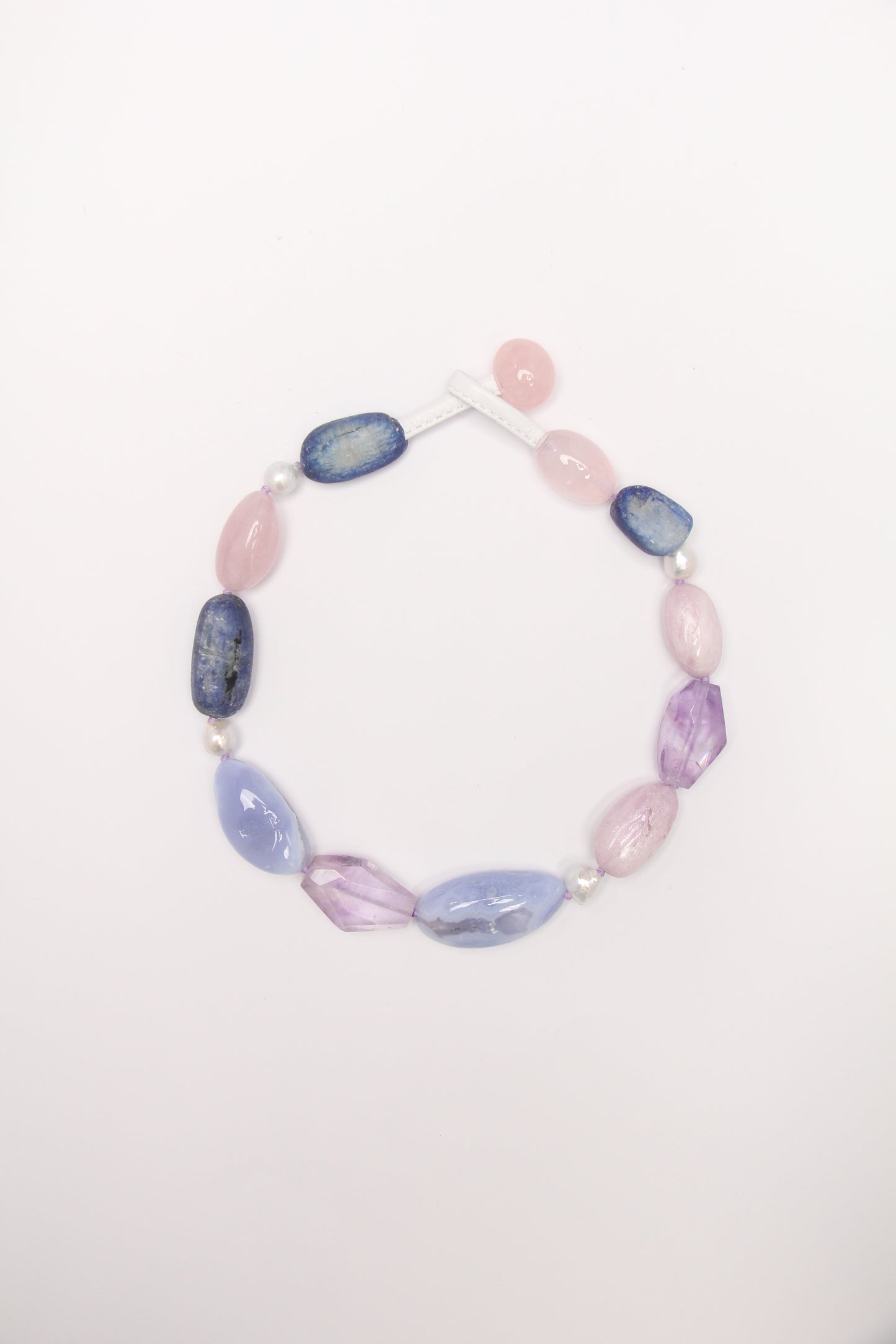 Necklace: blue lace agate, amethyst, kunzite, kyanite, pearls