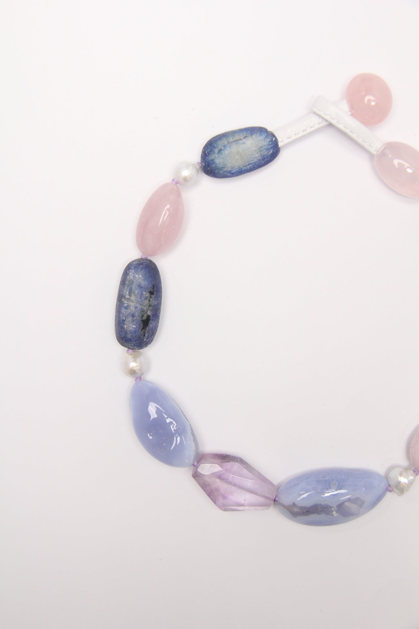 Necklace: blue lace agate, amethyst, kunzite, kyanite, pearls