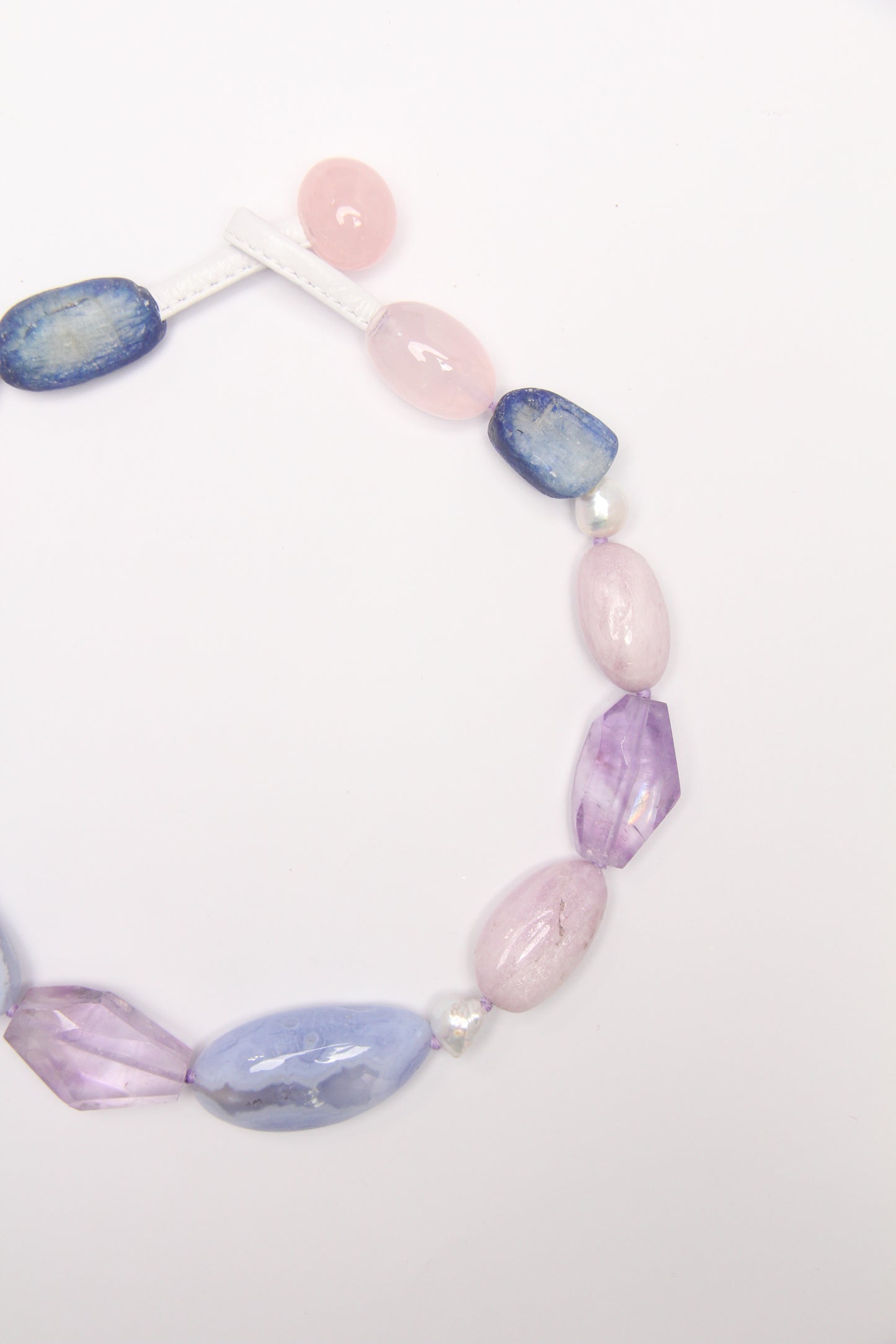 Necklace: blue lace agate, amethyst, kunzite, kyanite, pearls