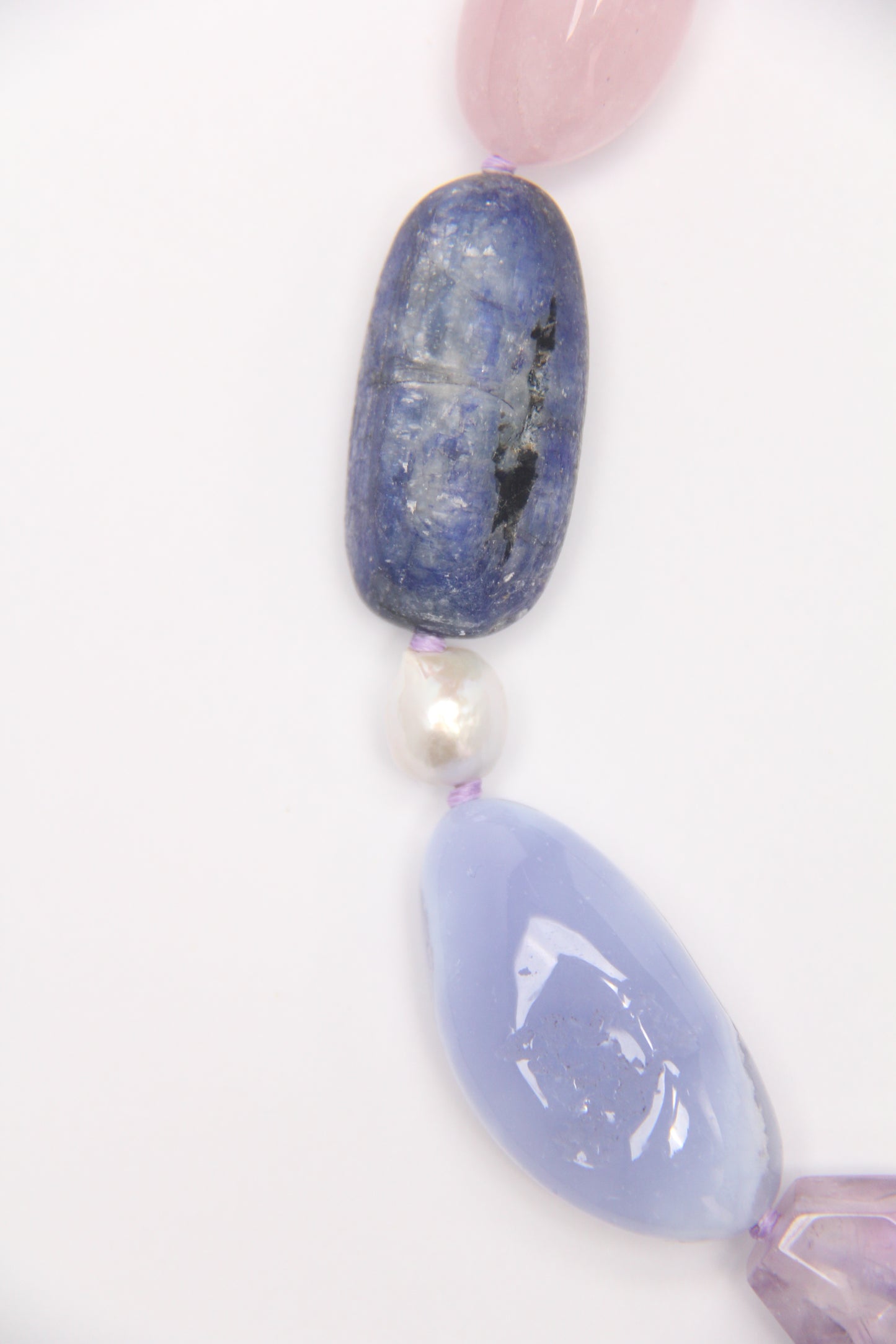 Necklace: blue lace agate, amethyst, kunzite, kyanite, pearls