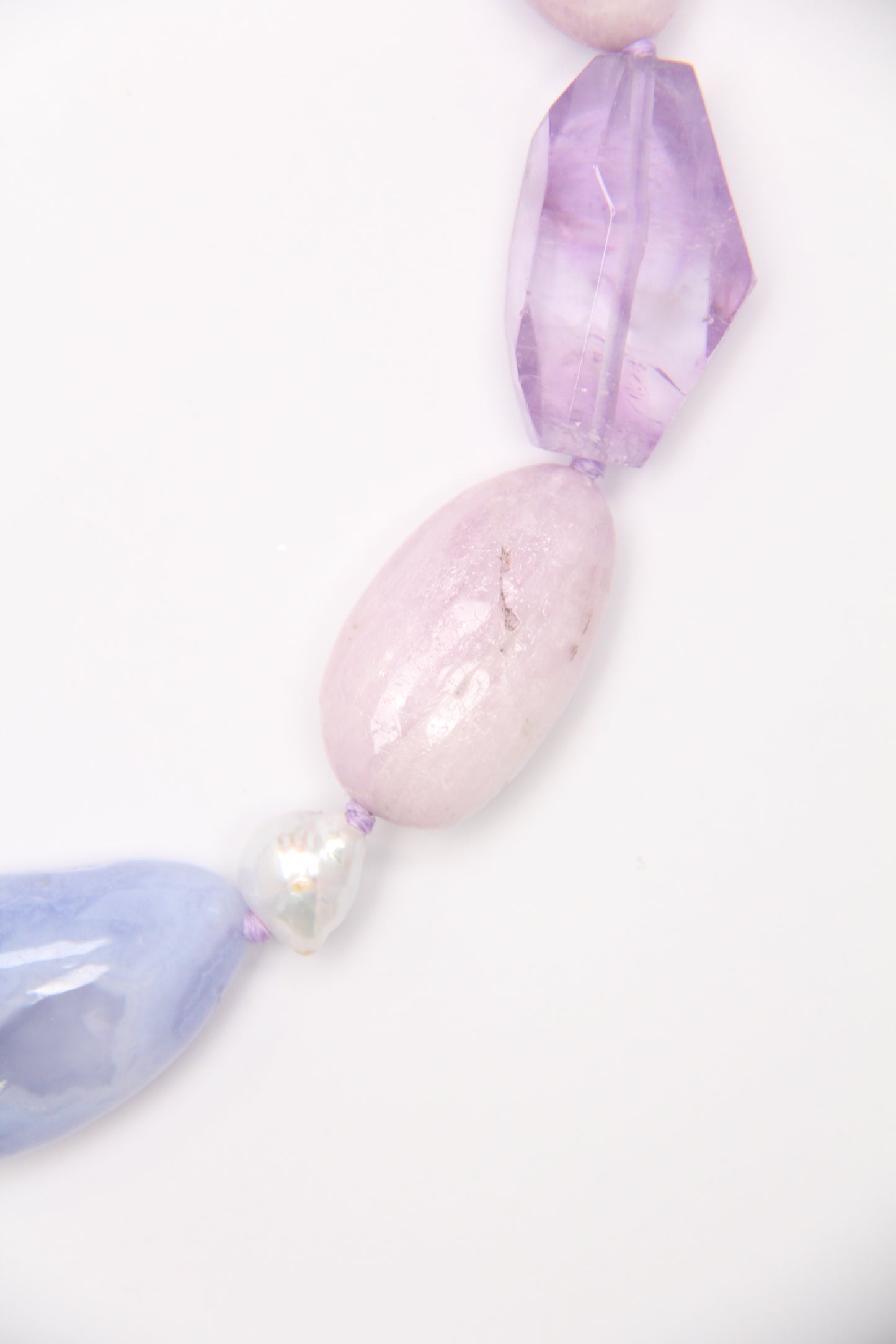 Necklace: blue lace agate, amethyst, kunzite, kyanite, pearls