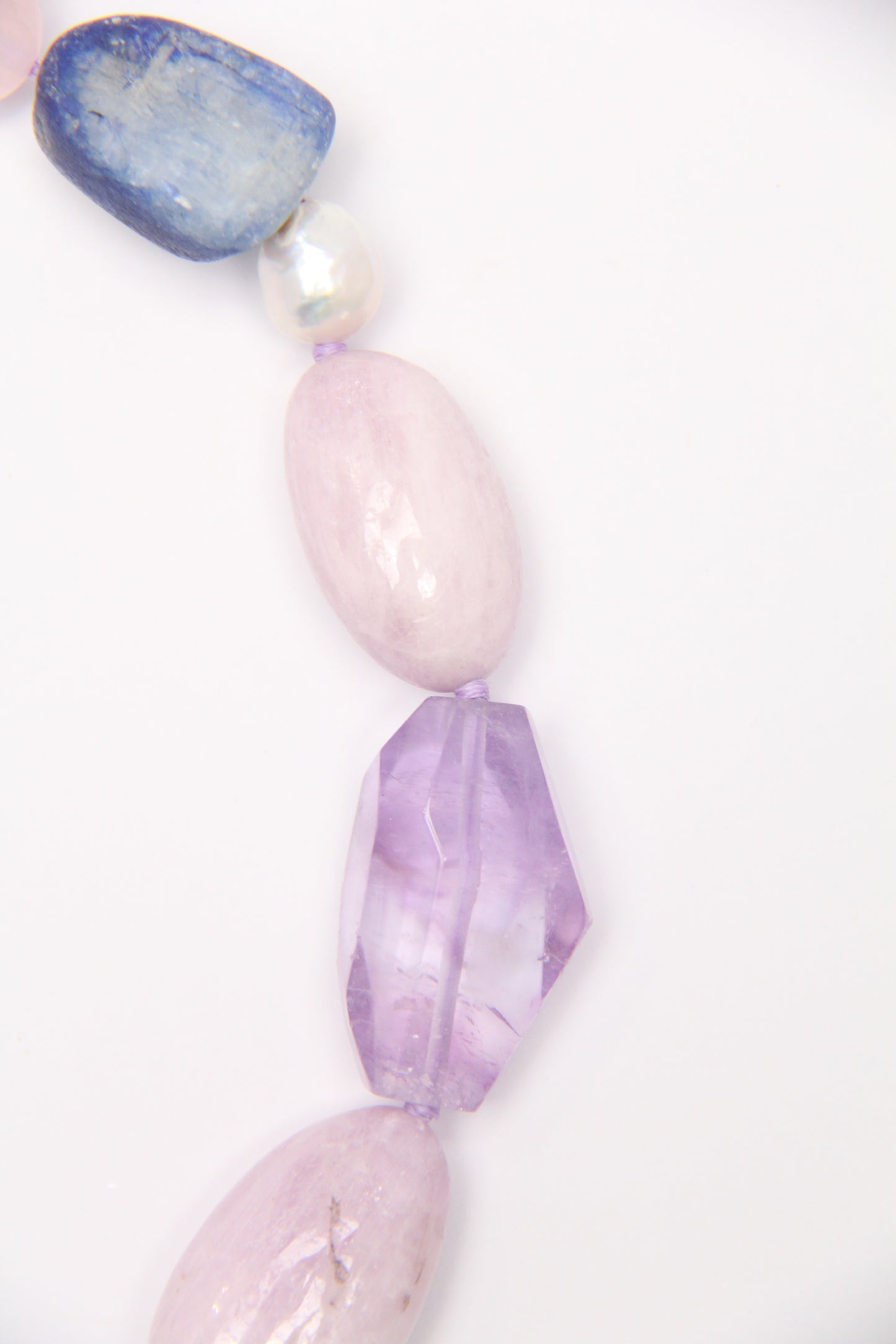 Necklace: blue lace agate, amethyst, kunzite, kyanite, pearls