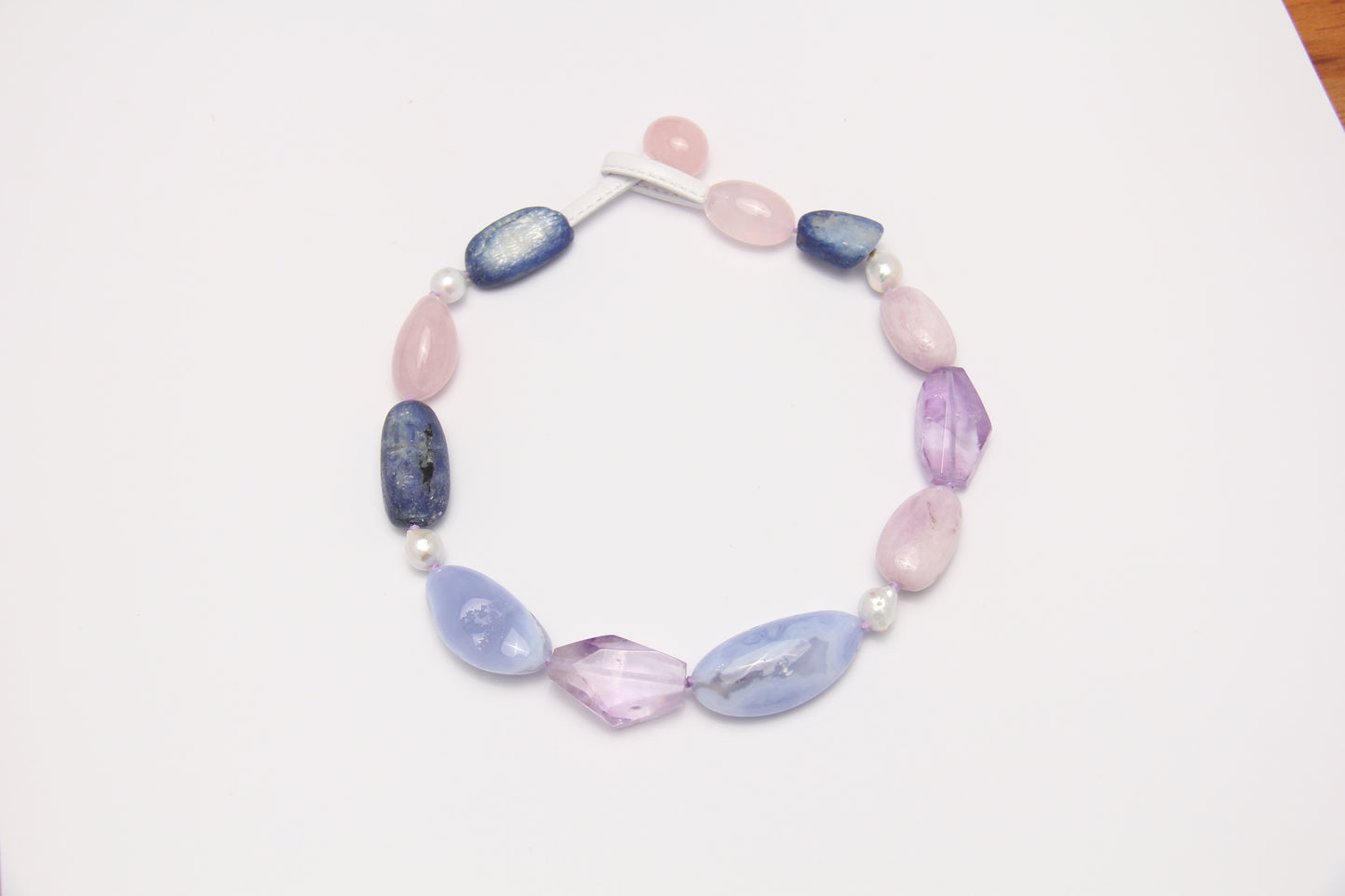 Necklace: blue lace agate, amethyst, kunzite, kyanite, pearls