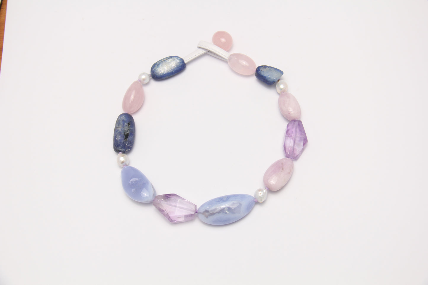 Necklace: blue lace agate, amethyst, kunzite, kyanite, pearls