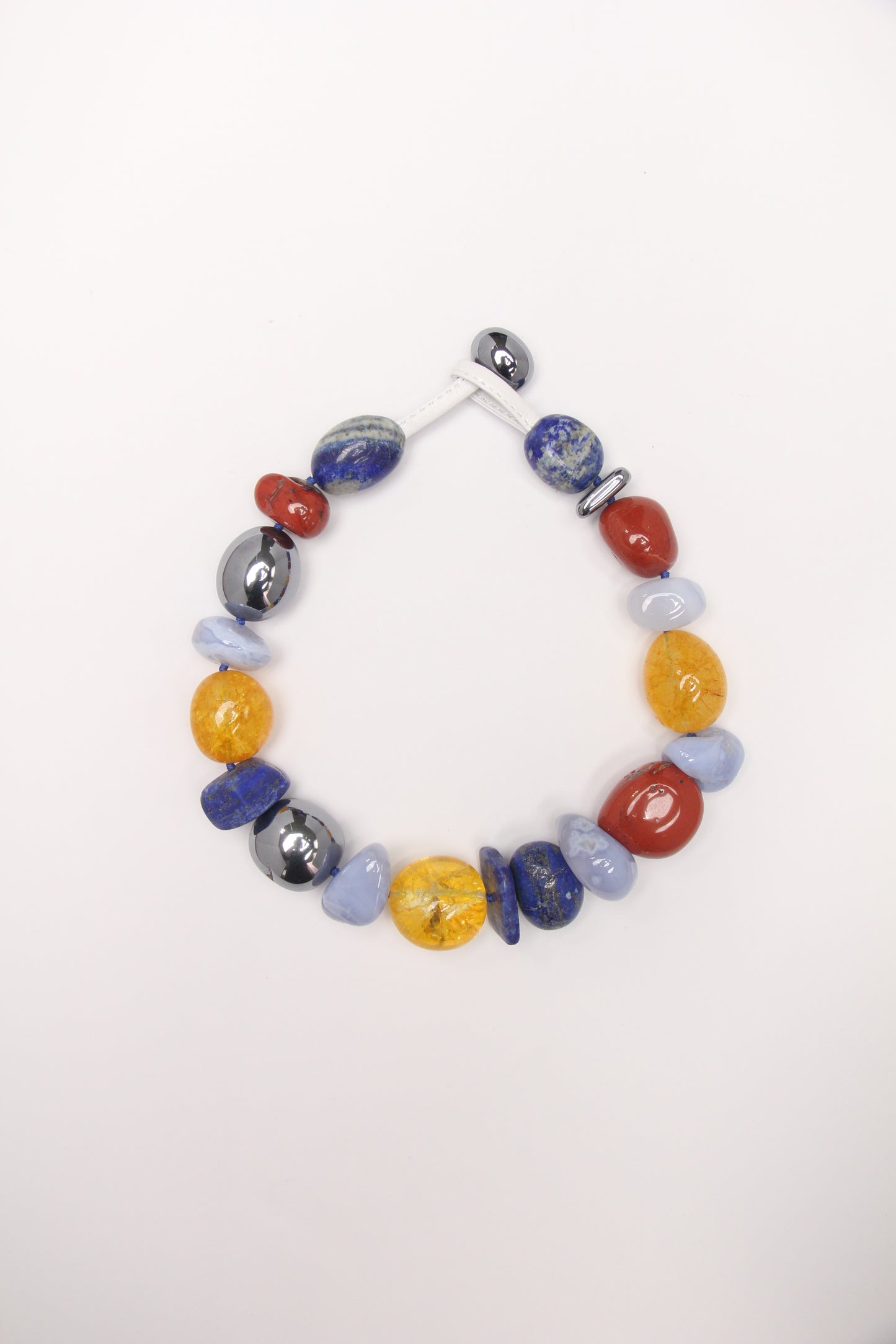 Necklace: blue lace agate, lapis lazuli, red jasper stone, colored hematoid quartz, titanium magnet