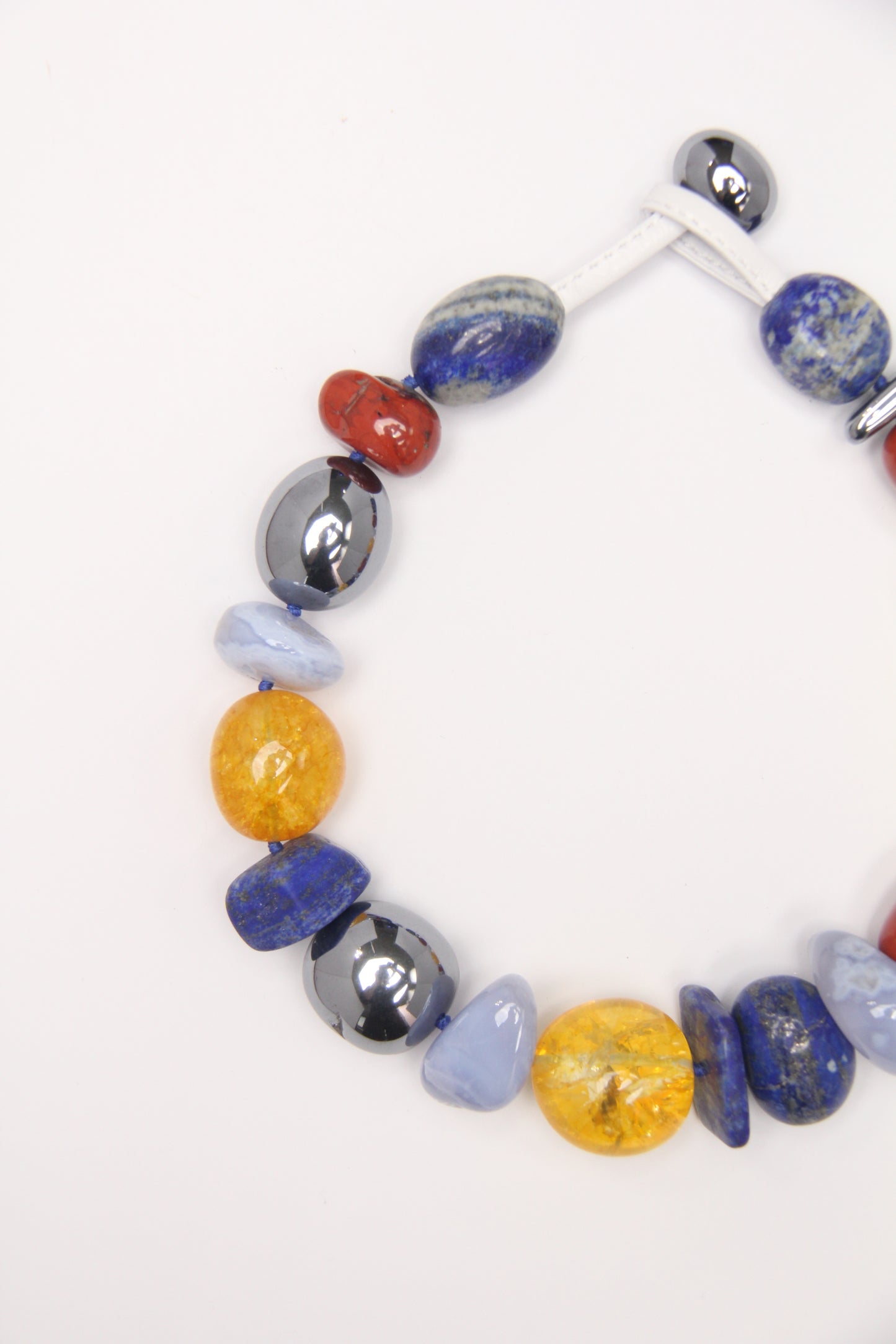 Necklace: blue lace agate, lapis lazuli, red jasper stone, colored hematoid quartz, titanium magnet