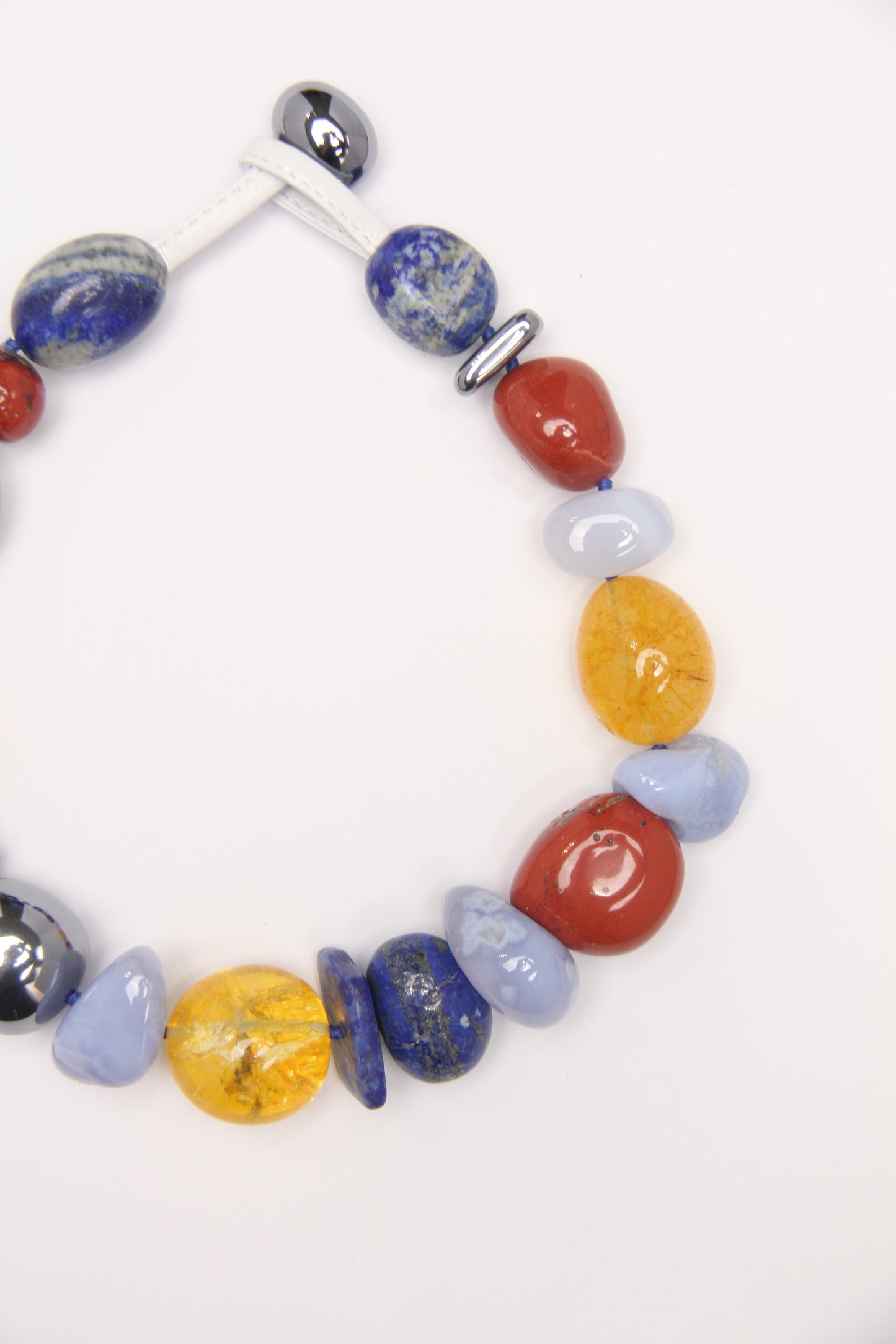 Necklace: blue lace agate, lapis lazuli, red jasper stone, colored hematoid quartz, titanium magnet