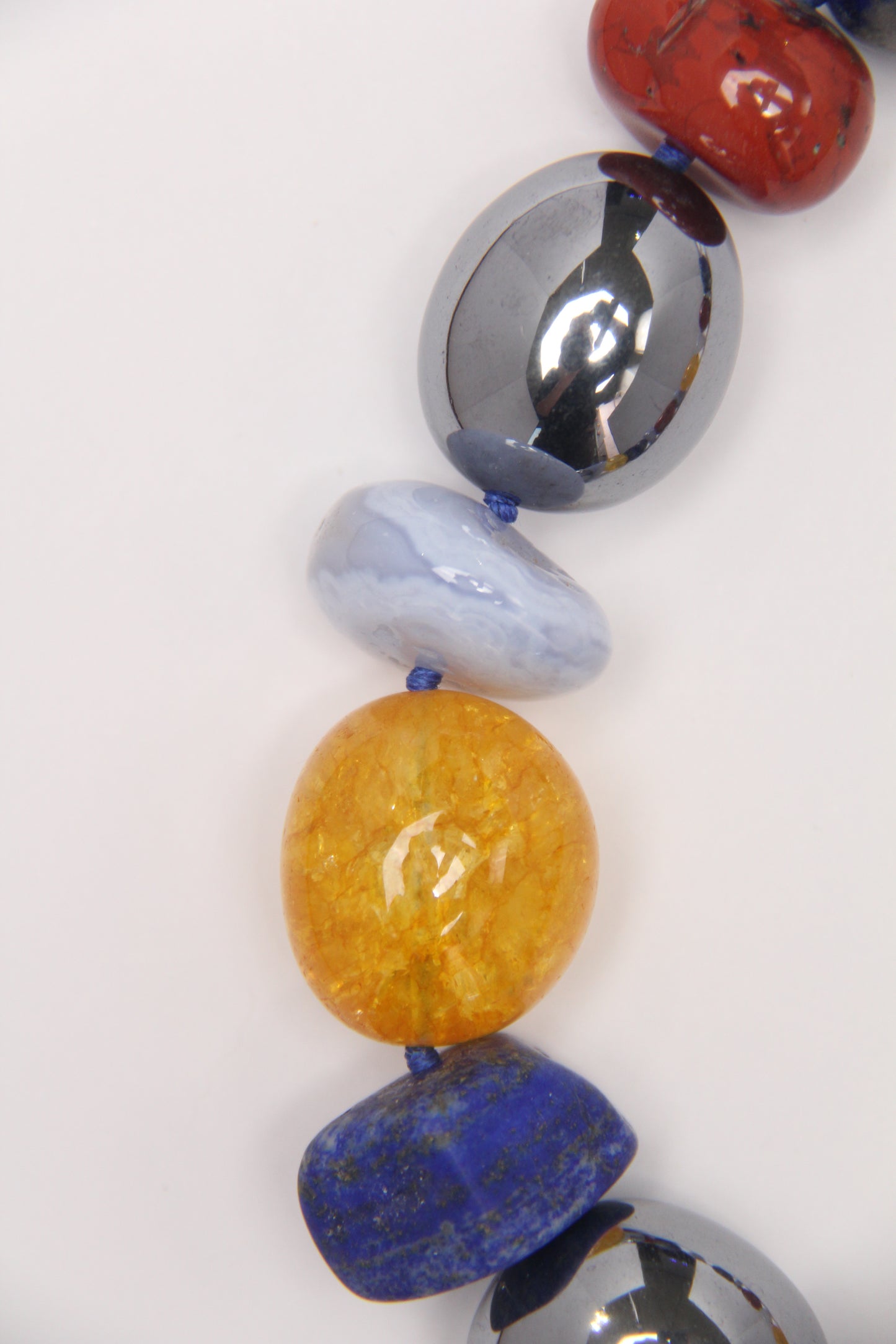 Necklace: blue lace agate, lapis lazuli, red jasper stone, colored hematoid quartz, titanium magnet