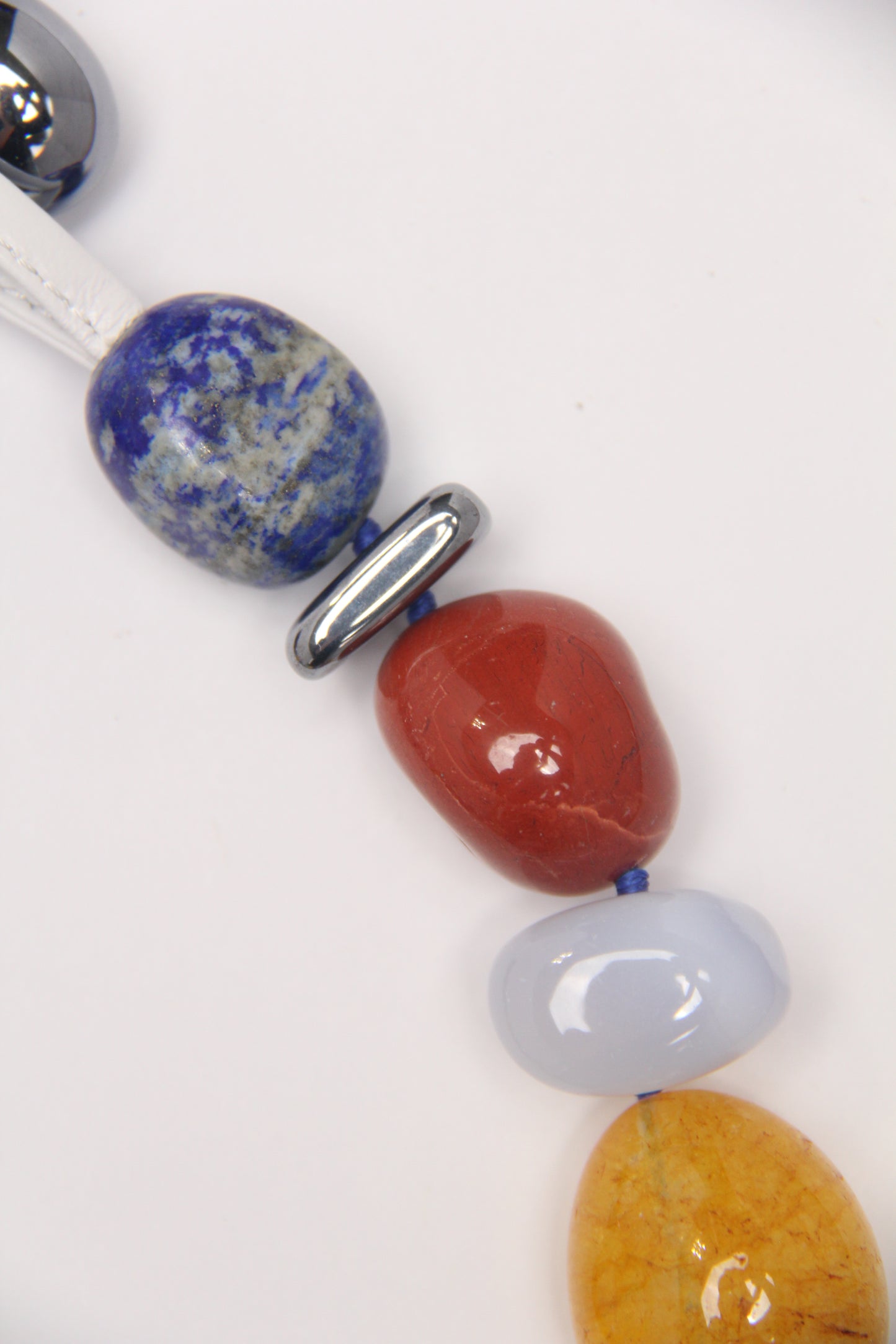 Necklace: blue lace agate, lapis lazuli, red jasper stone, colored hematoid quartz, titanium magnet