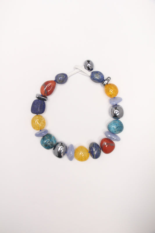 Necklace: blue apatite, blue lace agate, lapis lazuli, red jasper stone, colored hematoid quartz, titanium magnet