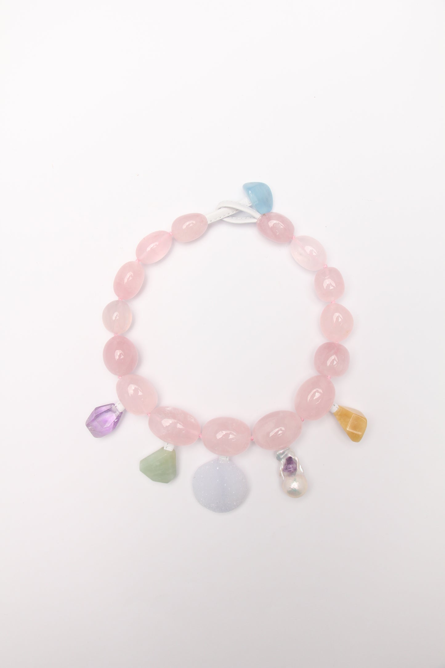 Charms: rose quartz, amethyst, blue lace agate, morganite, pearl