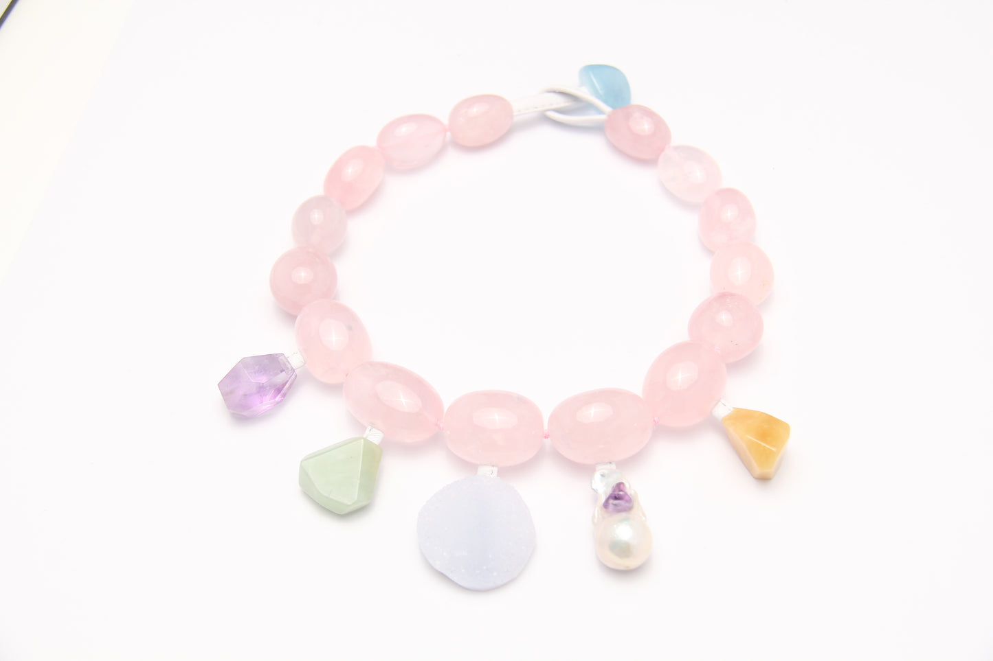 Charms: rose quartz, amethyst, blue lace agate, morganite, pearl