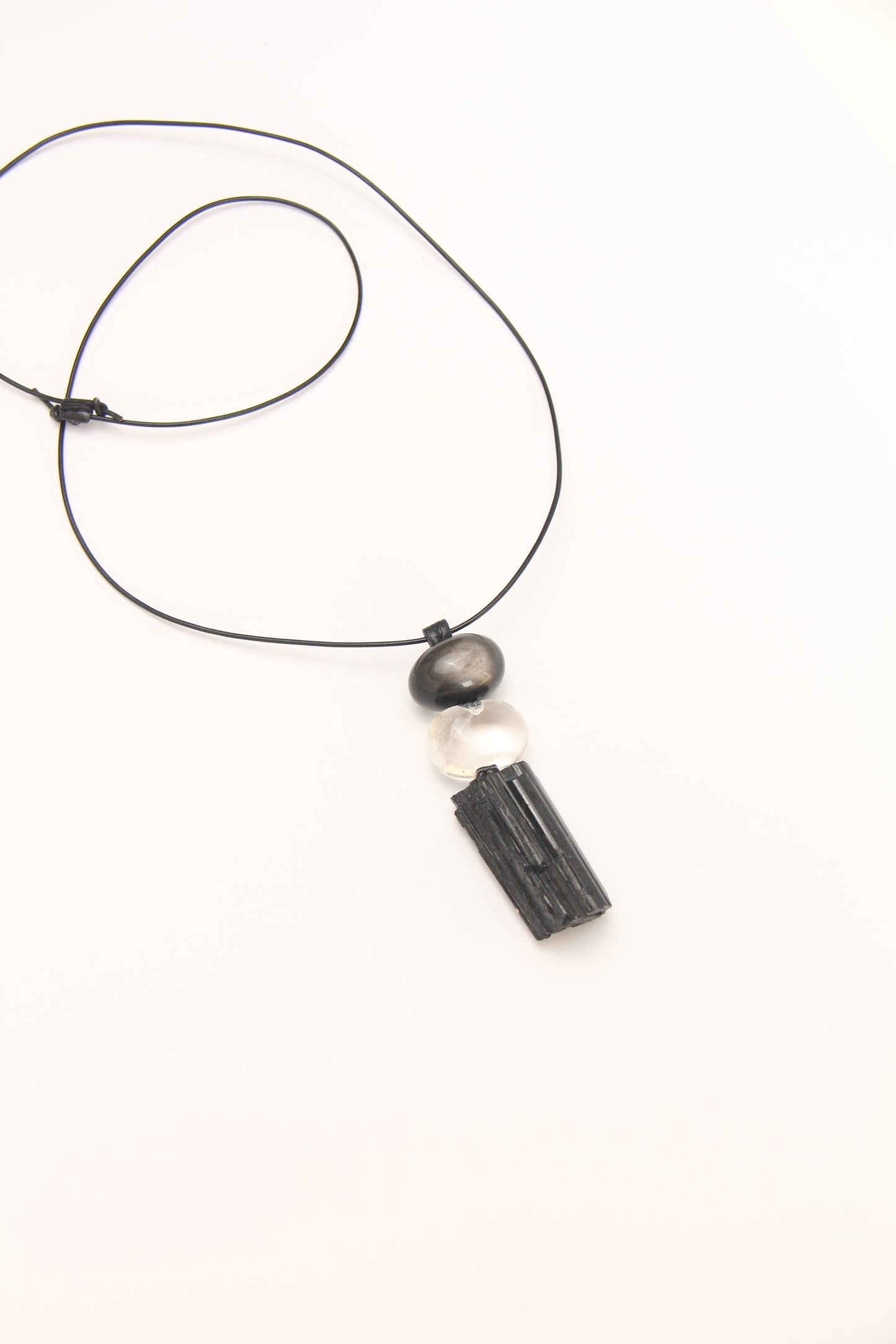 Pendant: silver obsidian, quartz, black tourmaline