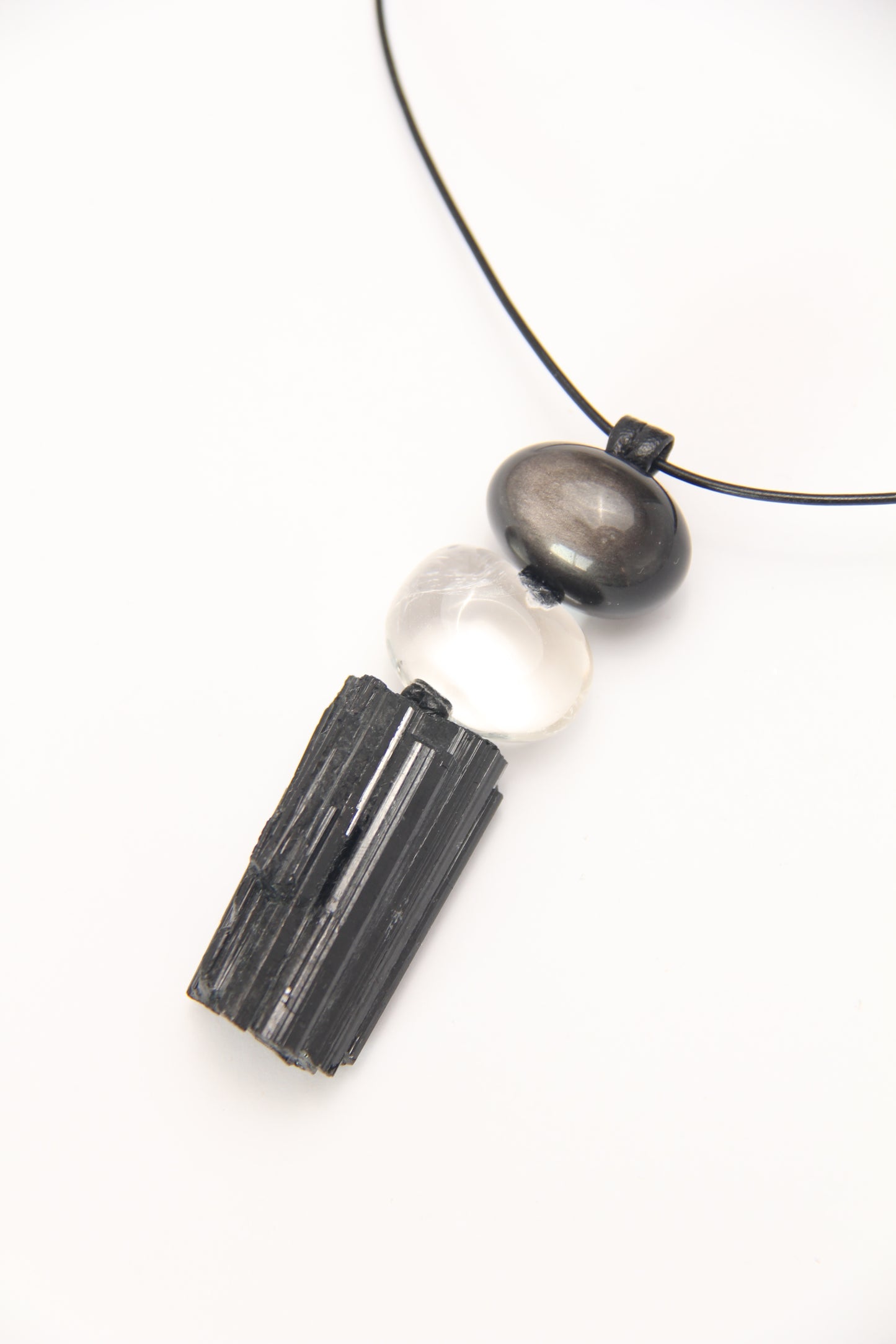 Pendant: silver obsidian, quartz, black tourmaline