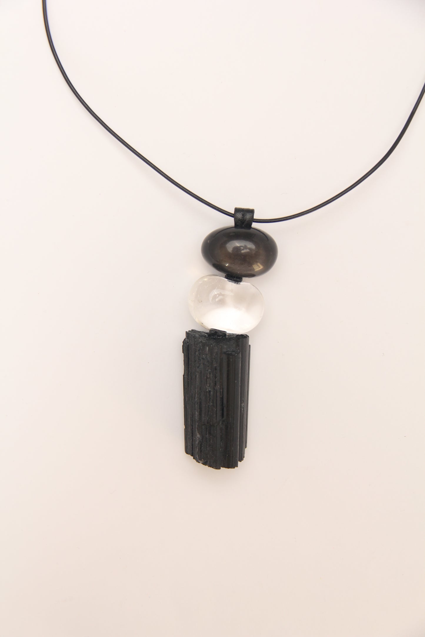 Pendant: silver obsidian, quartz, black tourmaline