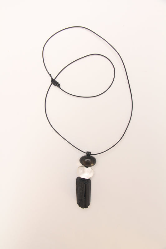 Pendant: silver obsidian, quartz, black tourmaline