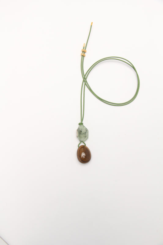 Pendant: prehnite, tiger's eye stone