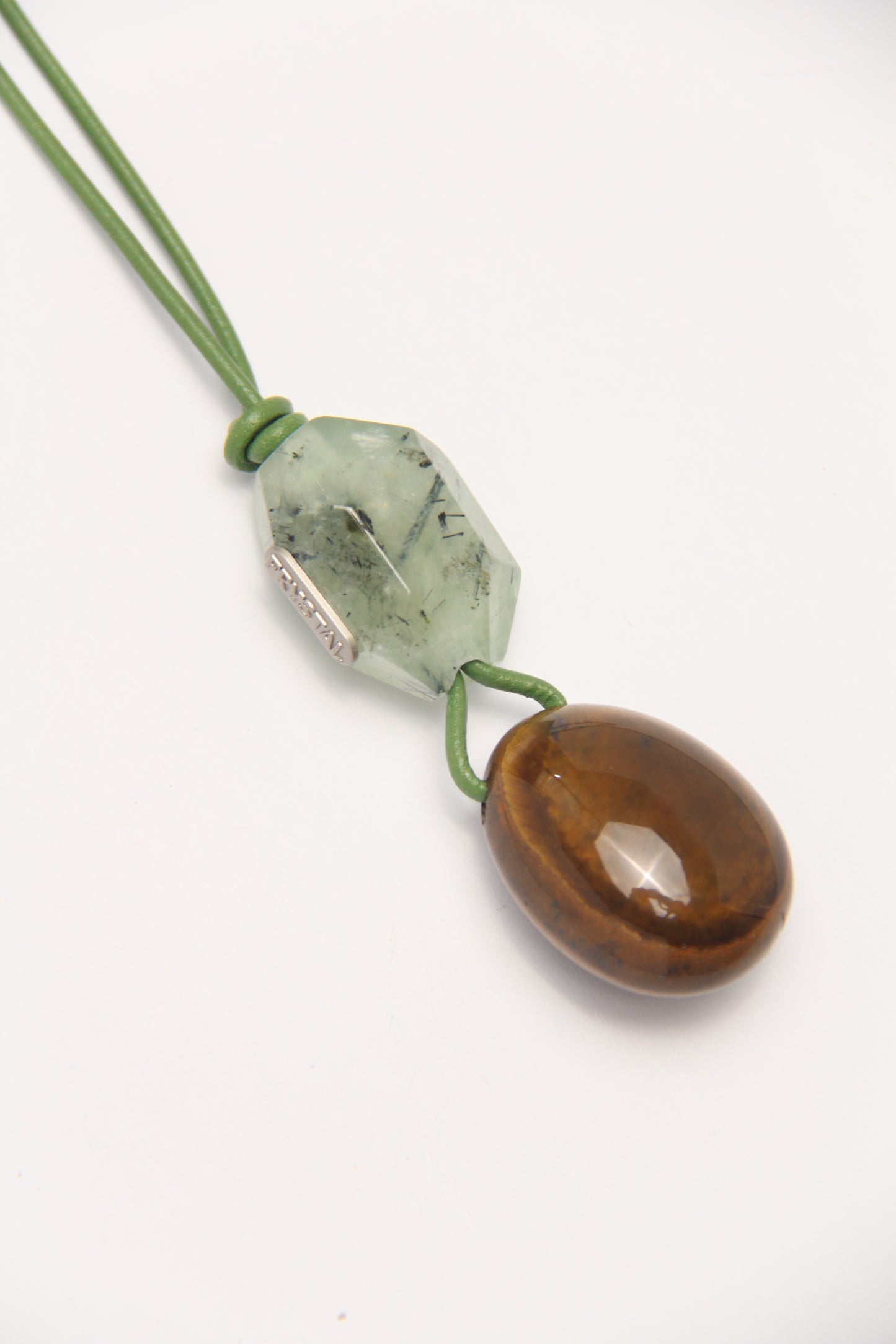 Pendant: prehnite, tiger's eye stone