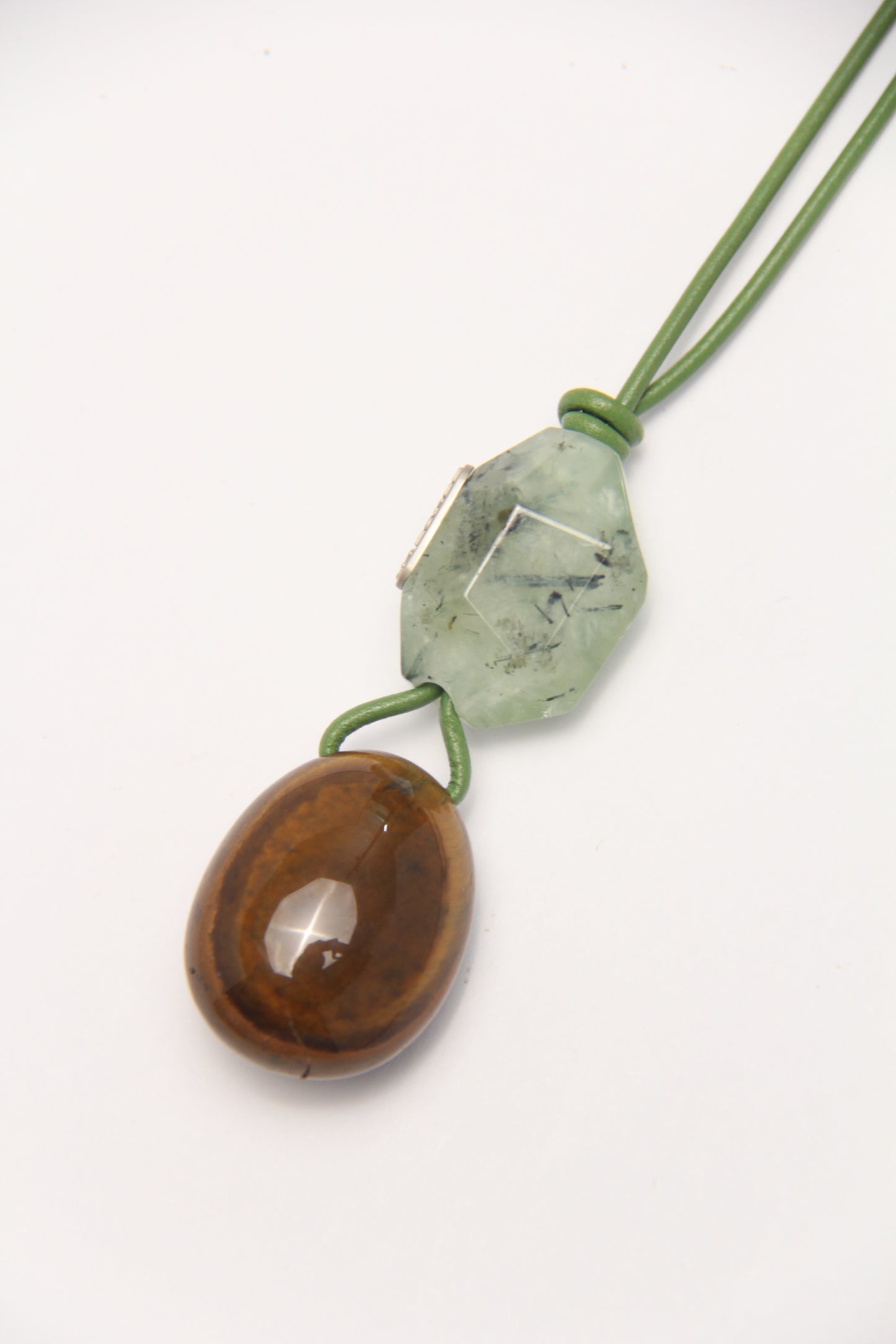 Pendant: prehnite, tiger's eye stone